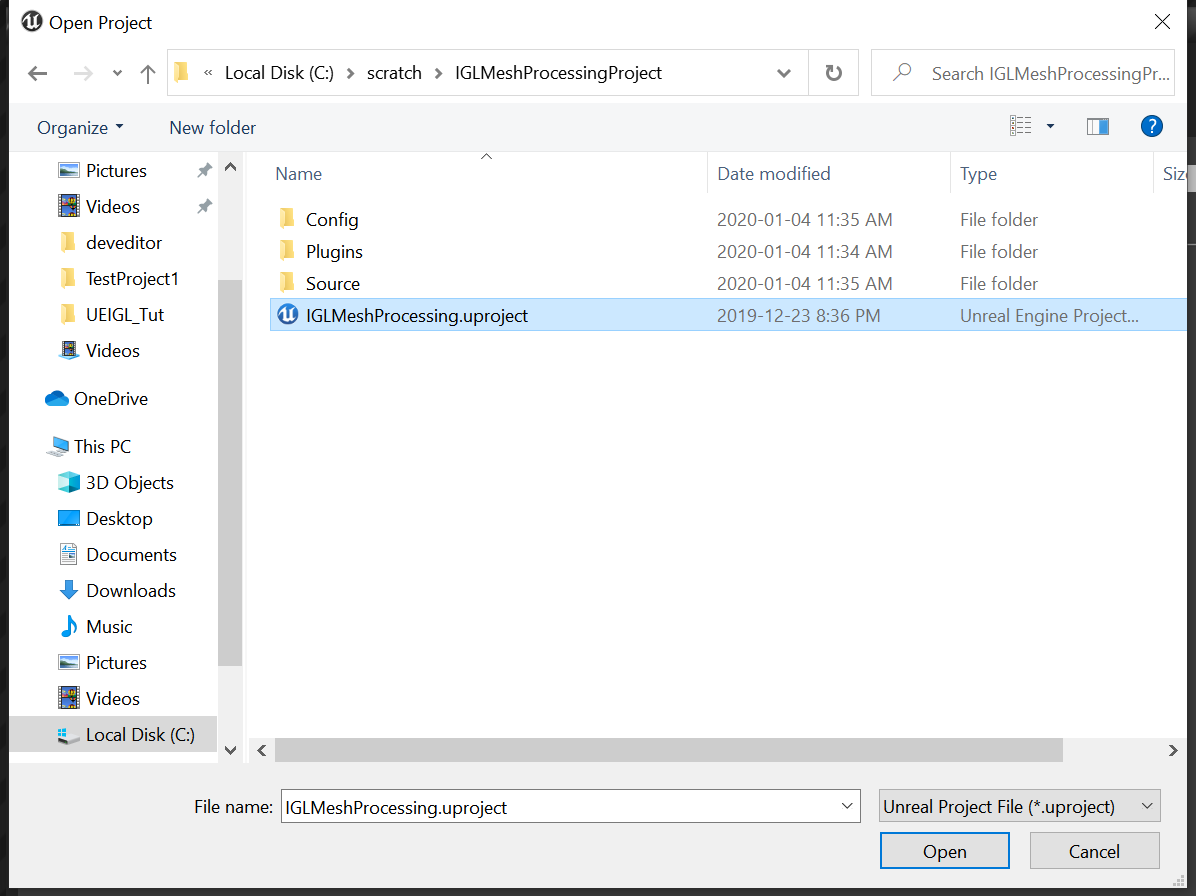  Browse to wherever you have your local copy of the project, select the  IGLMeshProcessing.uproject  file, and click  Open  