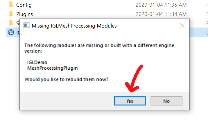  This dialog will pop up. Click  Yes . A progress bar will appear for a while, and after that the UE Editor will open. 