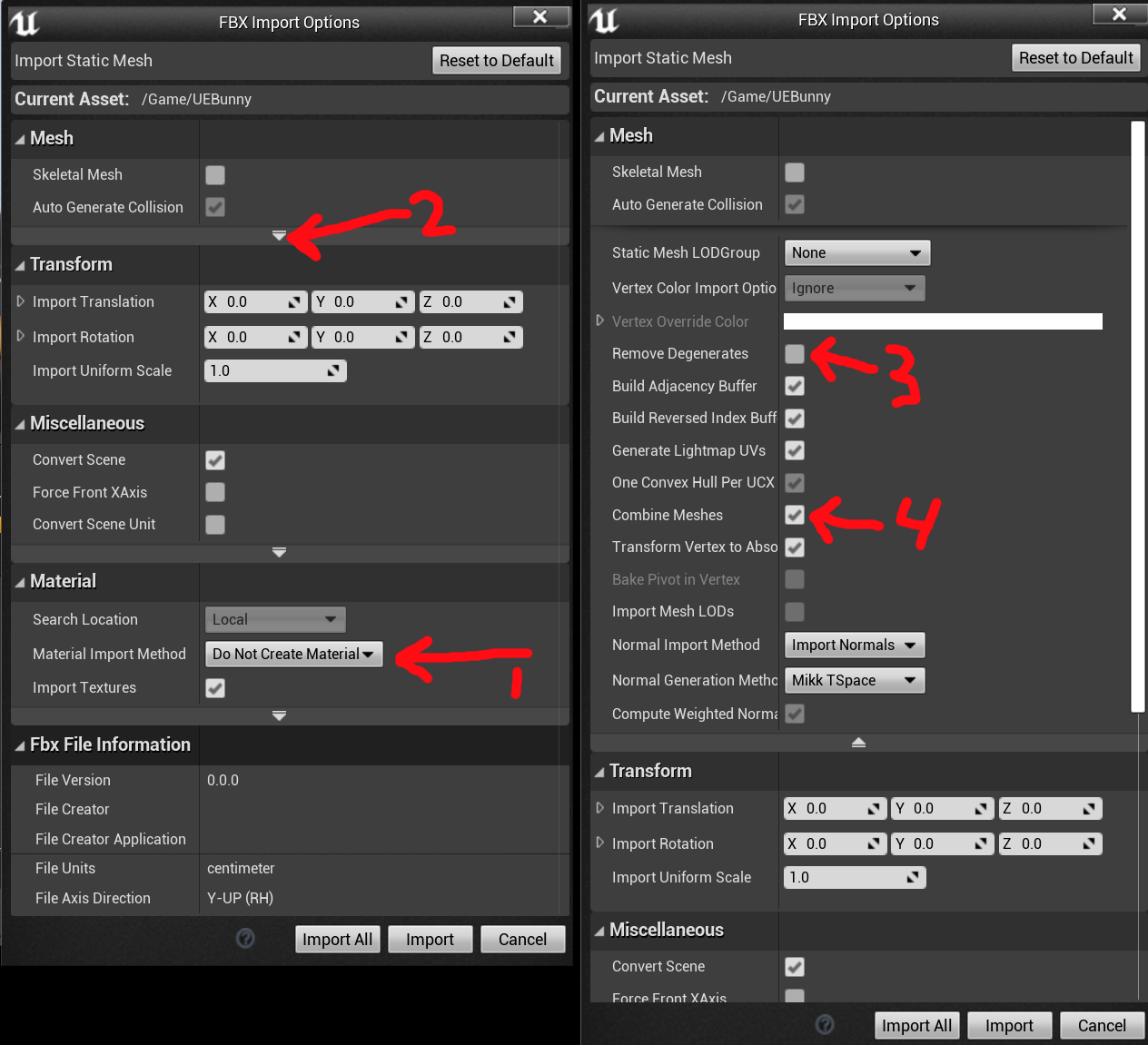  For OBJ files, configure the FBX Import options as shown here 