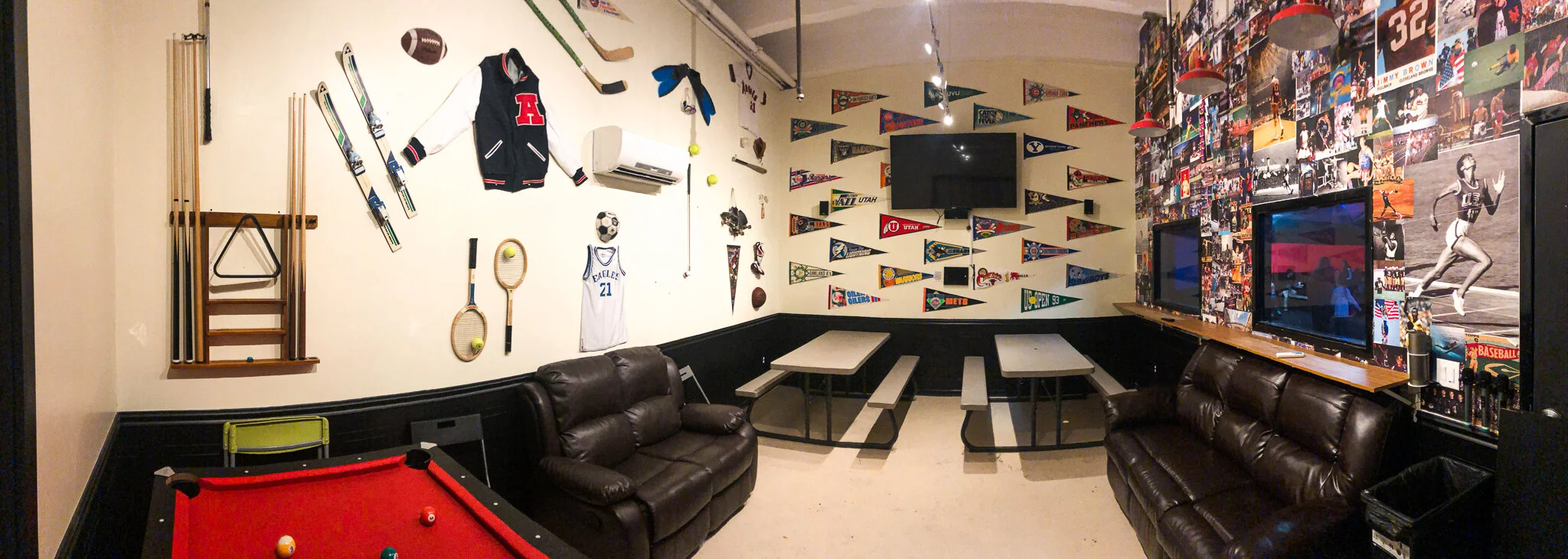  panoramic view of classic fun center sports themed party room 