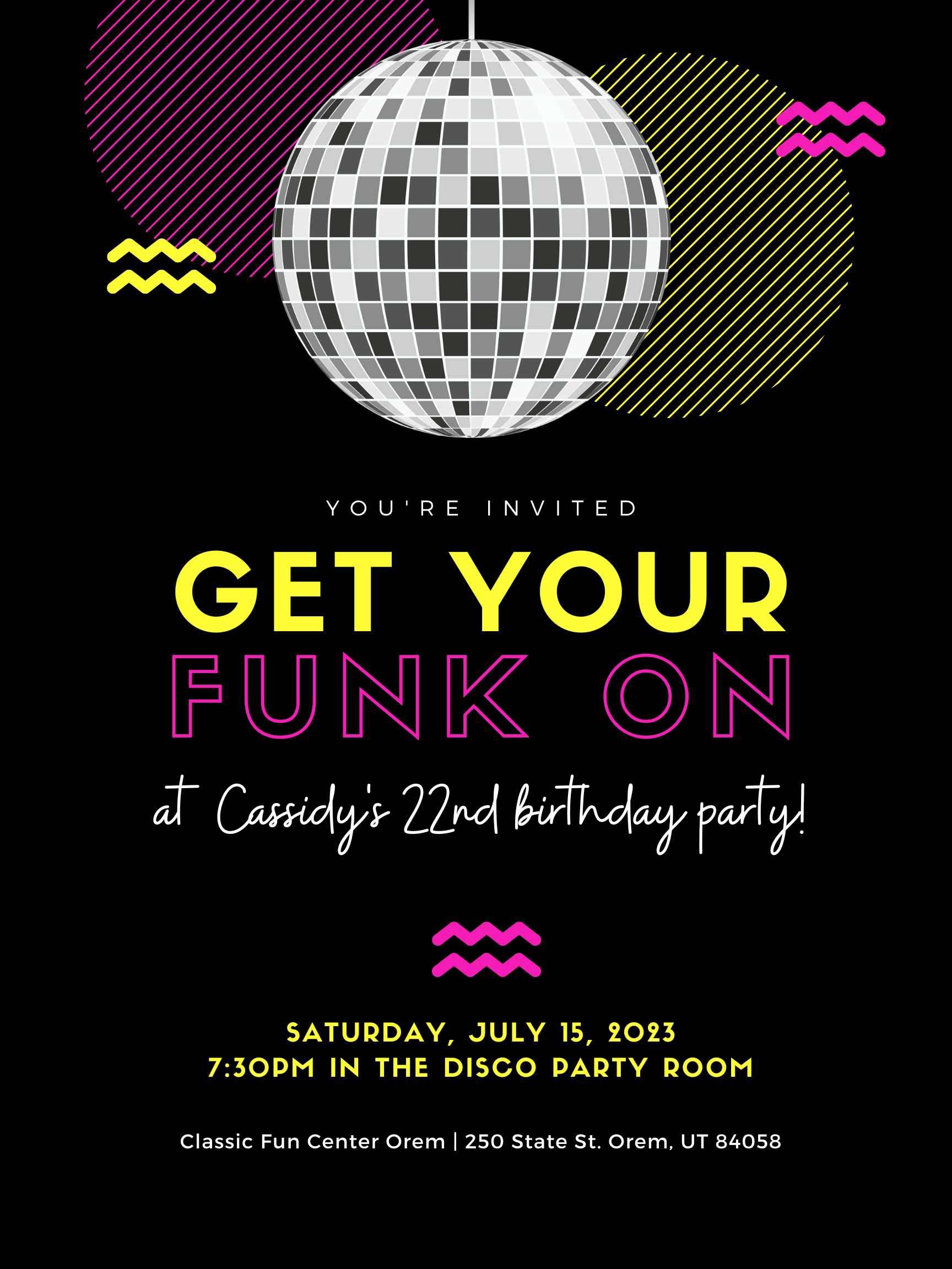 Neon Pink Yellow Random Shapes Disco Ball Funky Block Party Poster.png