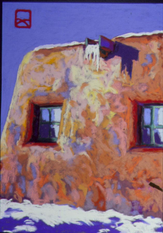 Pueblo in Winter: Violet Shadows, Pastel, 13x17