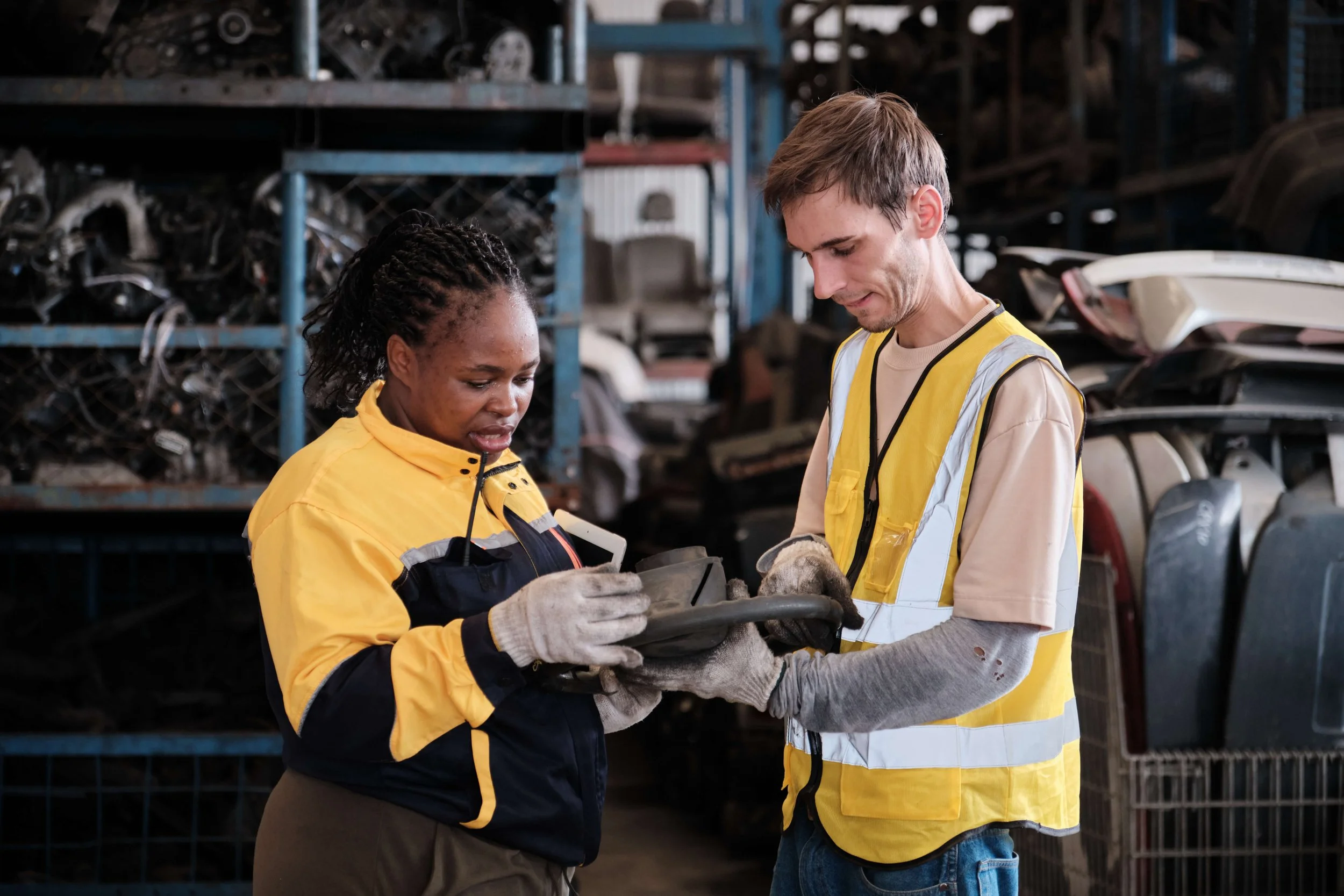 Two workers checking an auto part in a warehouse