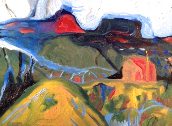 Artwork: Rebecca Pyle, Hills beside Highway, below Los Alamos, oil on canvas, 16 x 20, 2014