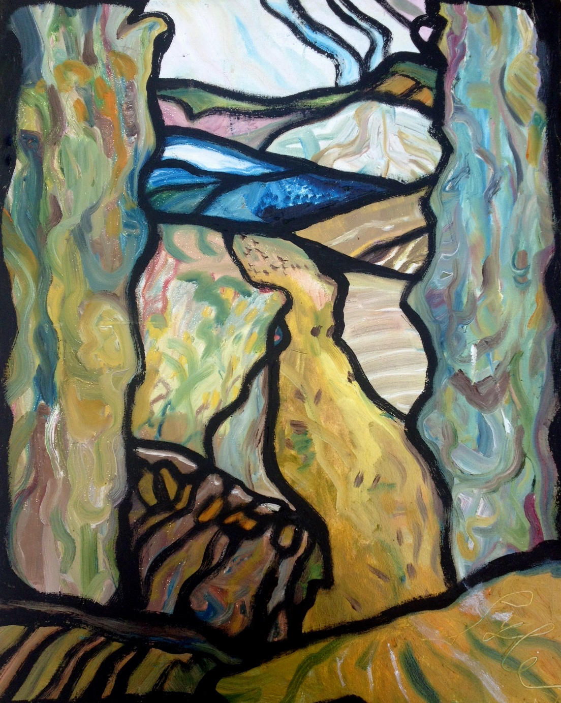 Artwork: Rebecca Pyle, Between Two Trees, oil and black gesso on canvas, 24 x 30, 2016