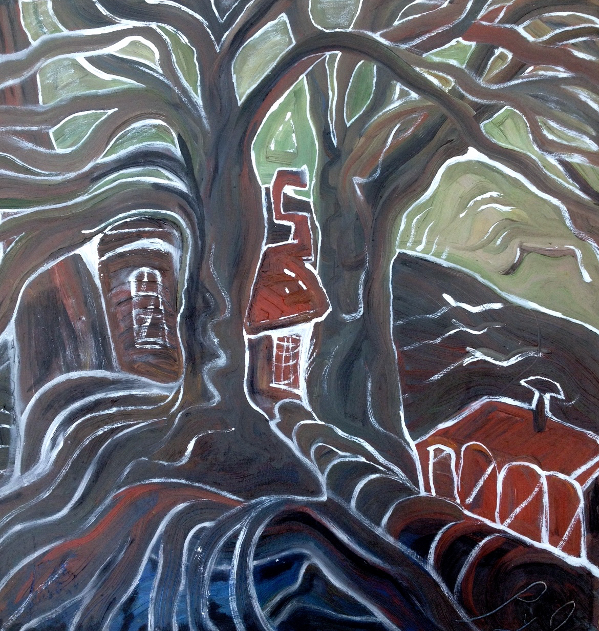 Artwork: Rebecca Pyle, Red Blue Green (Oppenheimer's Cottage, Los Alamos) , oil on canvas, 32 x 32, 2014