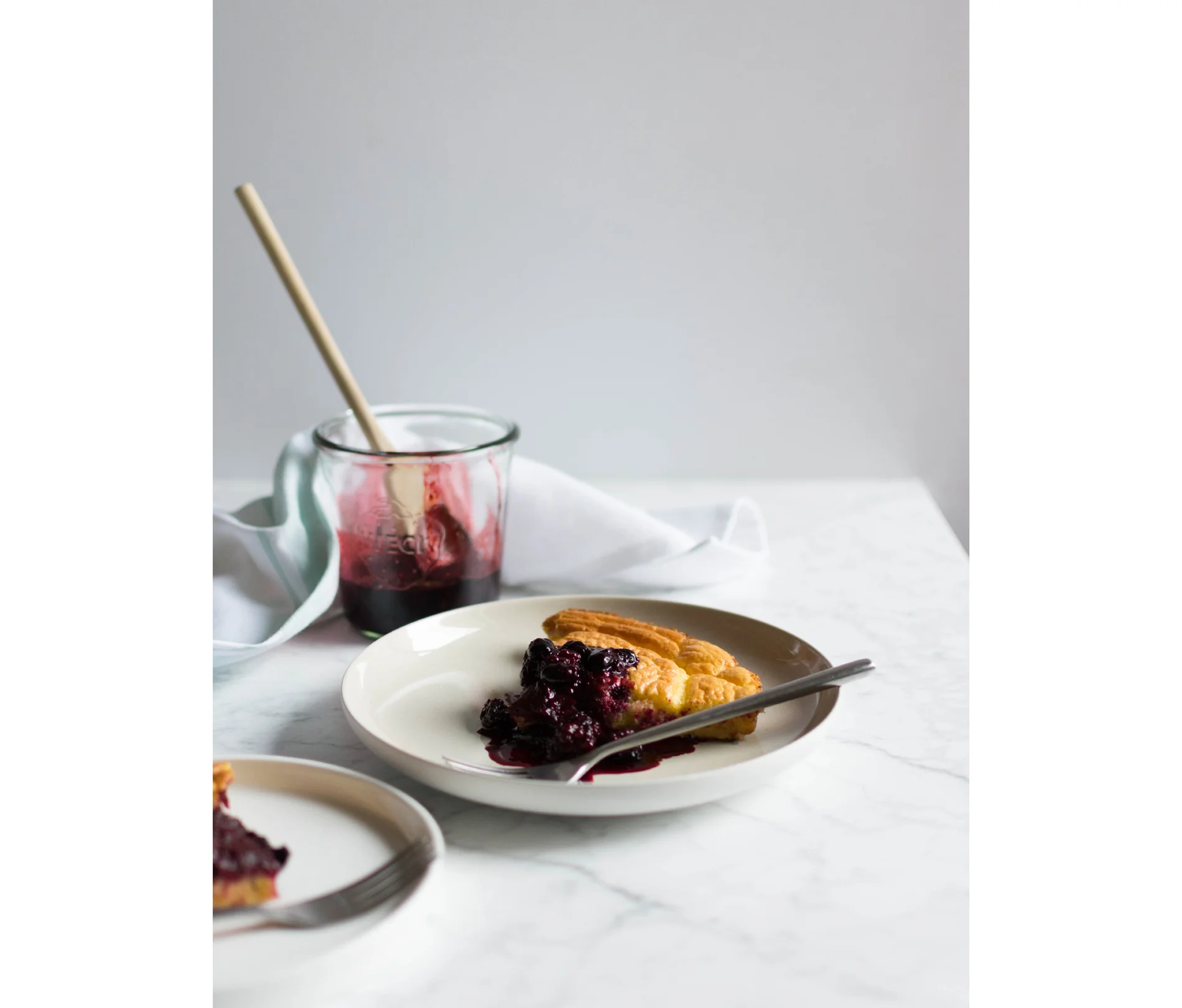 lemon cornmeal dutch baby w/ blackberry & lemon verbena compote
