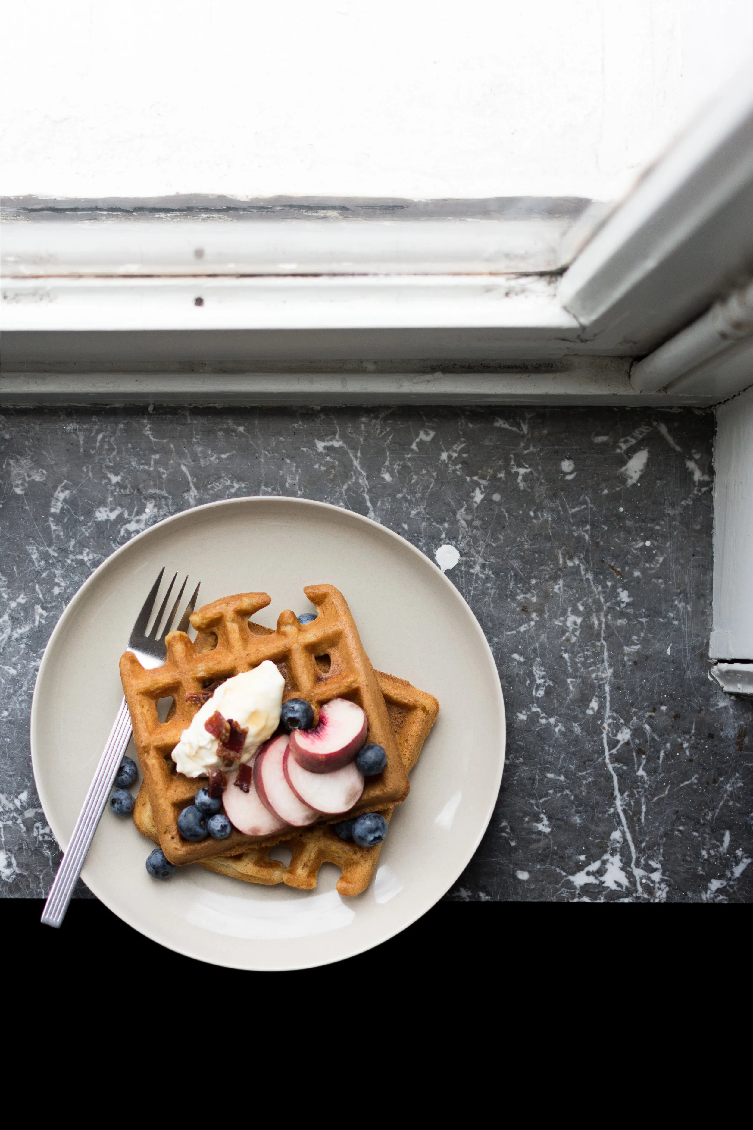 peach bacon waffles w/ earl grey syrup