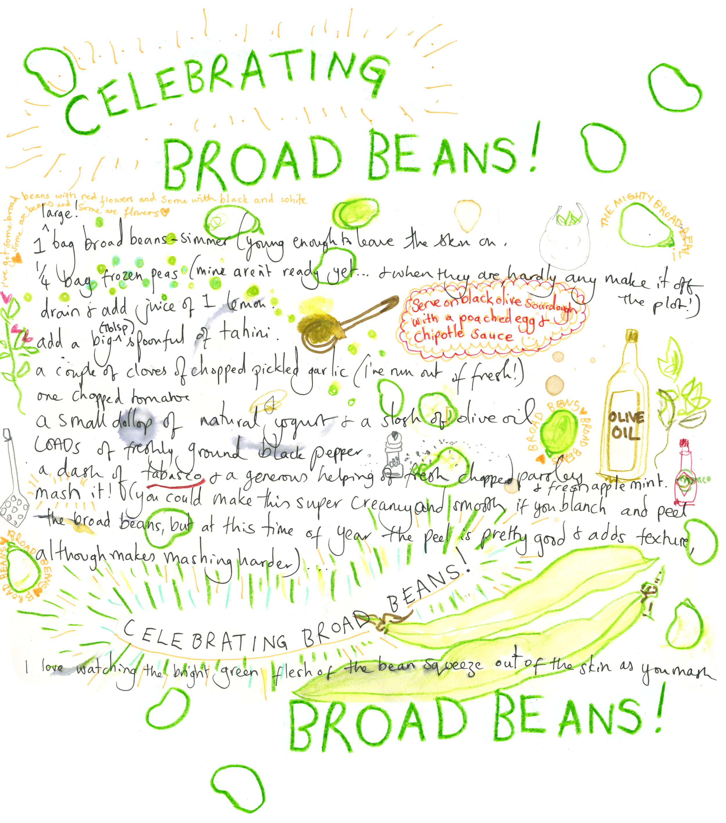 I've been making this delicious broad bean and pea 'humous' with my June glut of broad beans. It goes amazingly with freshly baked black olive sourdough and a poached egg... and maybe a dash (or few!) of chipotle... I think I could eat this every day and never get bored of the creamy deliciousness! I'm happy my red flowering broad beans are still flowers and there's more to come :)