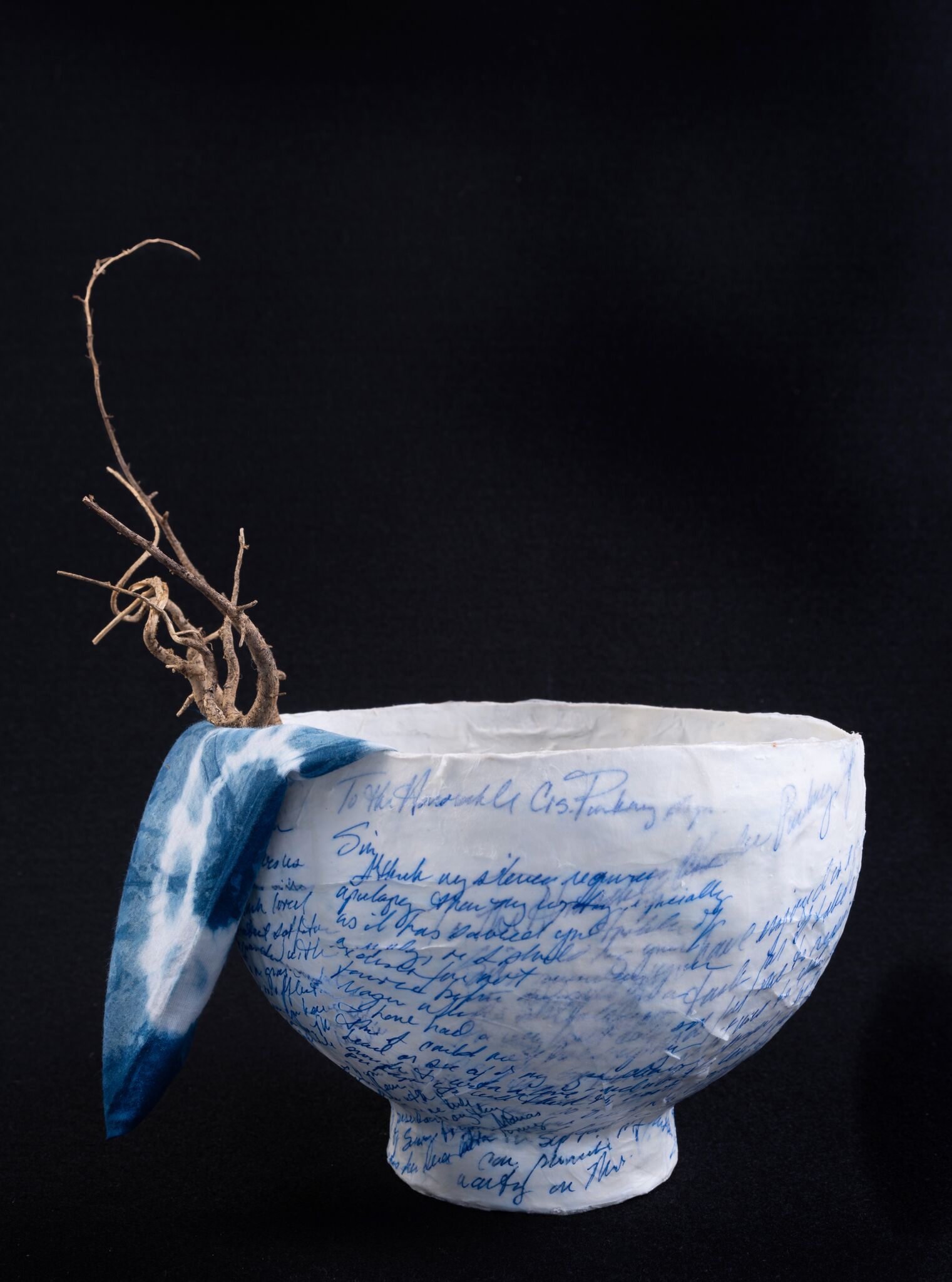 Paper Mache Bowl with Indigo Ink, hand-dyed indigo napkin, and indigo branch flatware by Laurie Brownell McIntosh