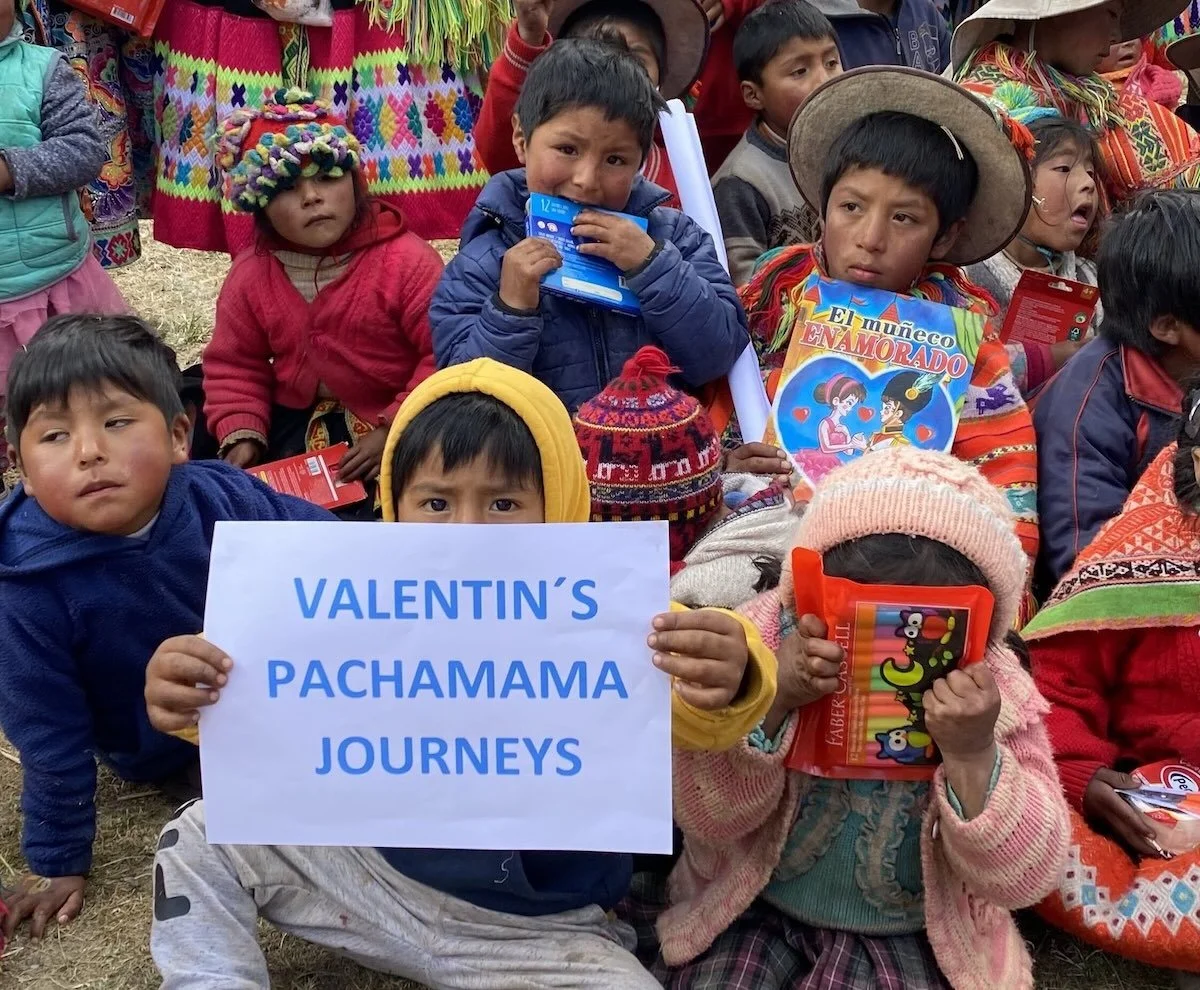 An image of school kids helped by Valentin's Pachamama Journeys' social projects, Peru