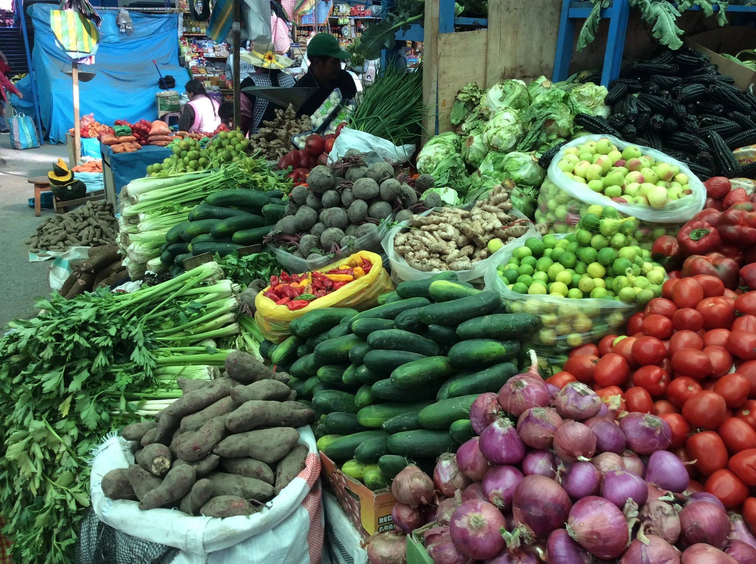 Fresh local vegetables for sale in the Urubamba market