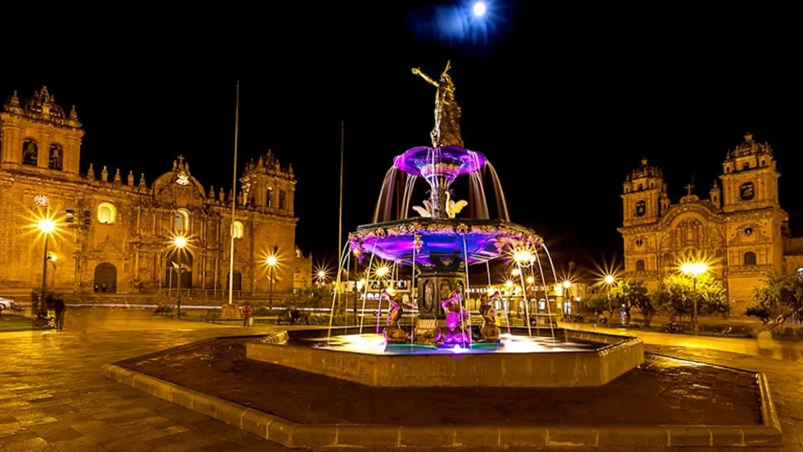 A photo of Cusco, Plaza de Armas, at night, Peru
