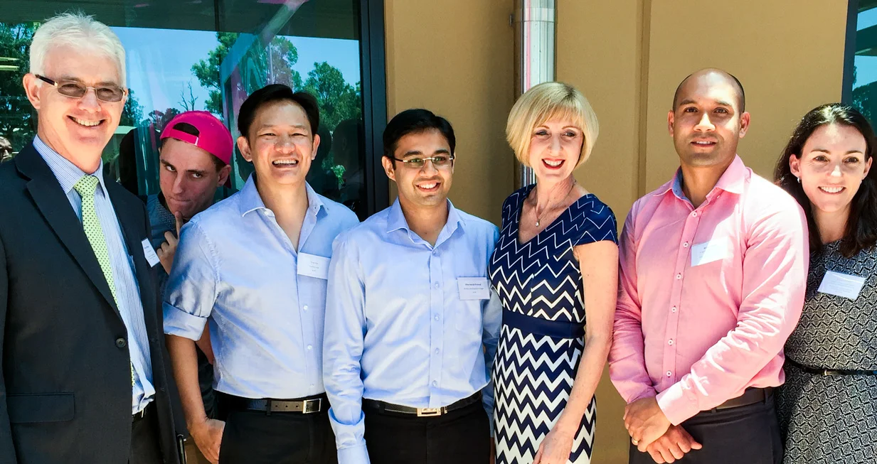 Left to Right: Michael Hogan (Director General), photo-bombing young person , Ton Ha (Creative Lead, Klyp), Dharmesh Porwal (Business Development Manager, Klyp), Tracy Davis (Minister for Communities, Child Safety and Disability Services), Brian Atkin (Program Manager, Mobility Projects), Connie Dods (Director, Program and Project Delivery, Information Services)