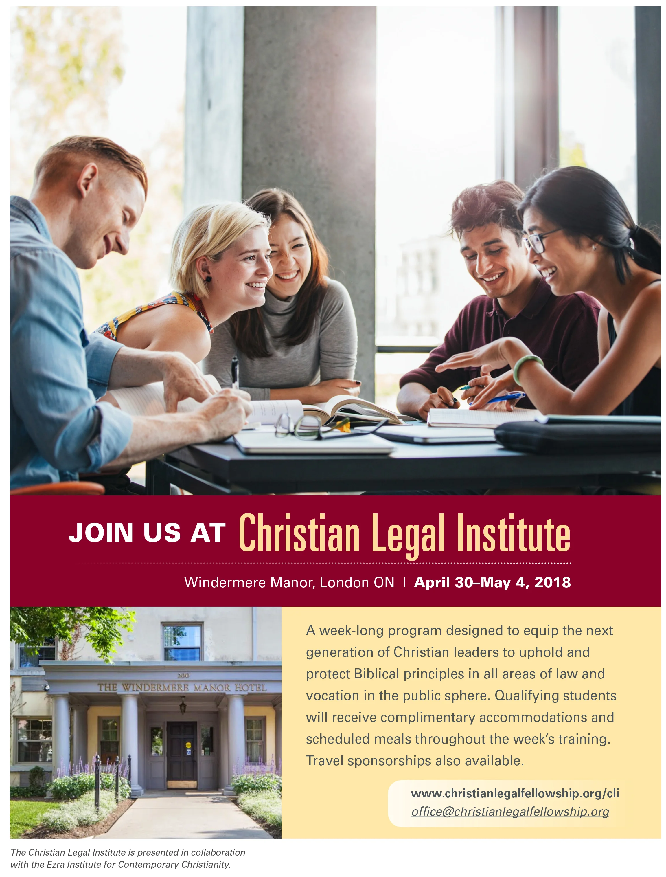 Apply to attend the upcoming week-long 2018 Christian Legal Institute in London, ON (April 30-May 4, 2018). 
