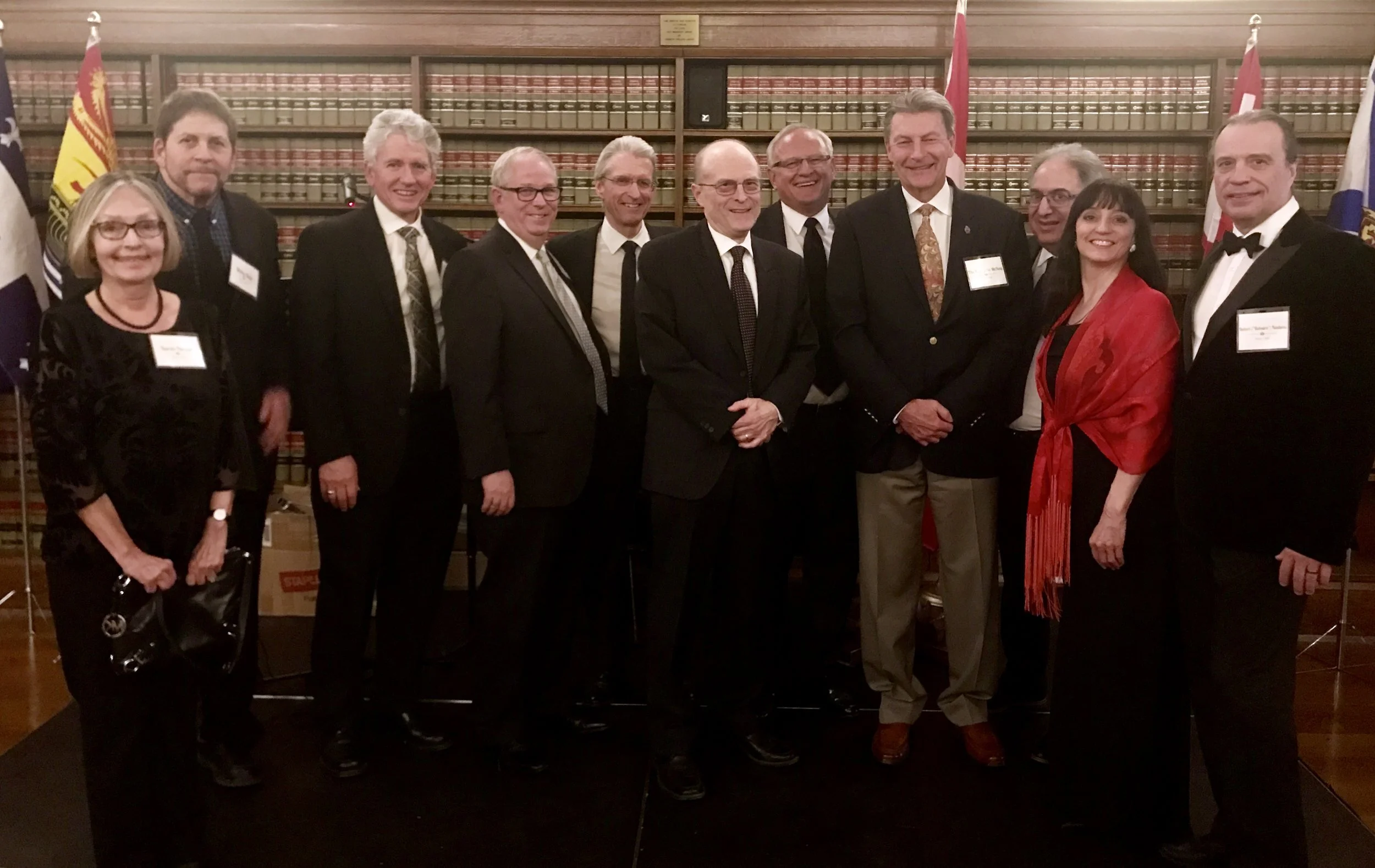 Founding members of CLF present at the Gala. From left to right: Karen Henein, Marty Klein (former ED), Ashley Gnyś, Stanley Mayes, Terrance Carter, Robert Reynolds, Calvin Beresh, the Hon. John McKay, Robert Adourian, JoAnne Nadeau, and Robert Nadeau (former ED).