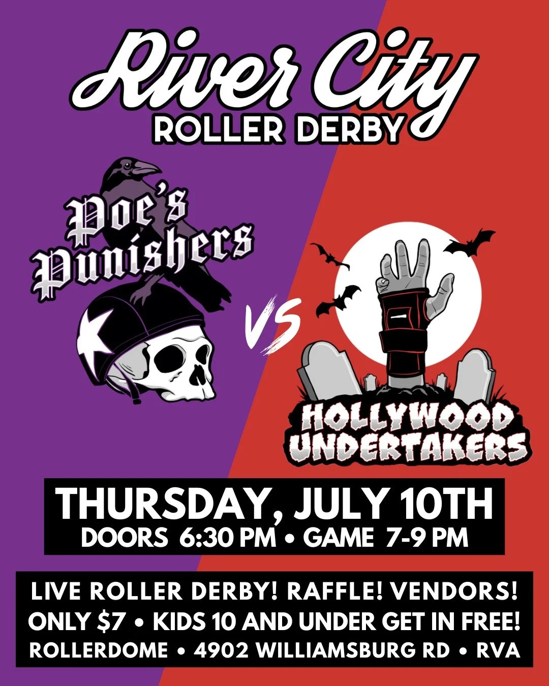📣 It's time for the home teams showdown you've been waiting for - the 🐦&zwj;⬛ Poe's Punishers and the 🪦 Hollywood Undertakers are facing off on Thursday, July 10th at the Rollerdome, and you'll want to be there!

❤️ The Undies are on top so far af