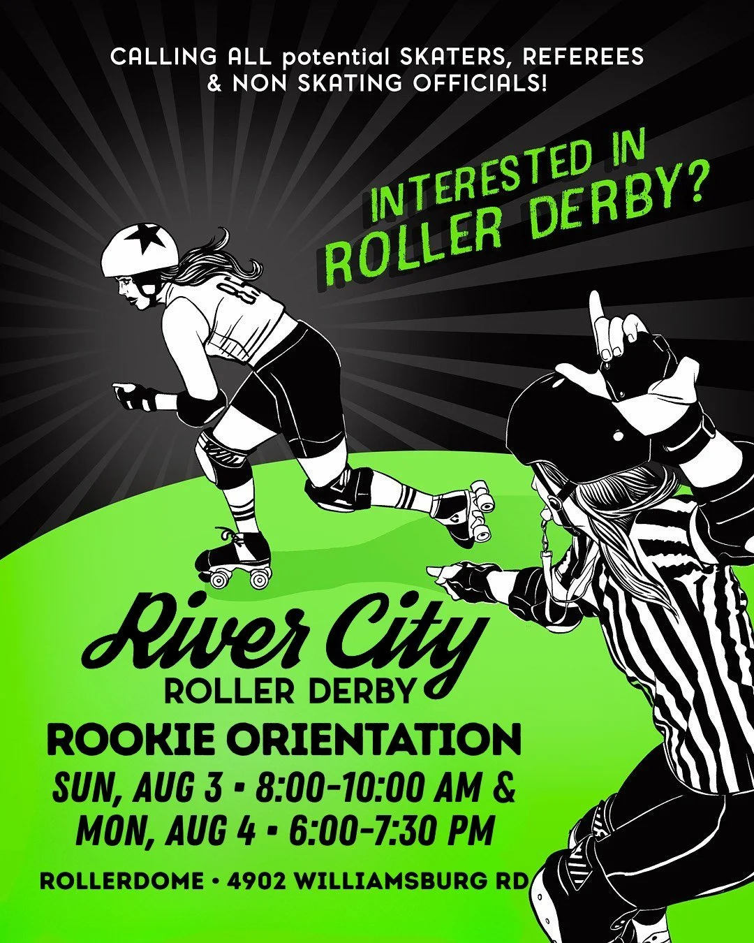 Interested in playing roller derby? Join us for rookie orientation August 3rd and 4th!

🗓️Sunday, August 3rd, 8-10am
🗓️Monday, August 4th, 6-7:30pm
📍Rollerdome, 4902 Williamsburg Rd, Richmond, VA

📝 Please fill out the form under &quot;Rookie Reg