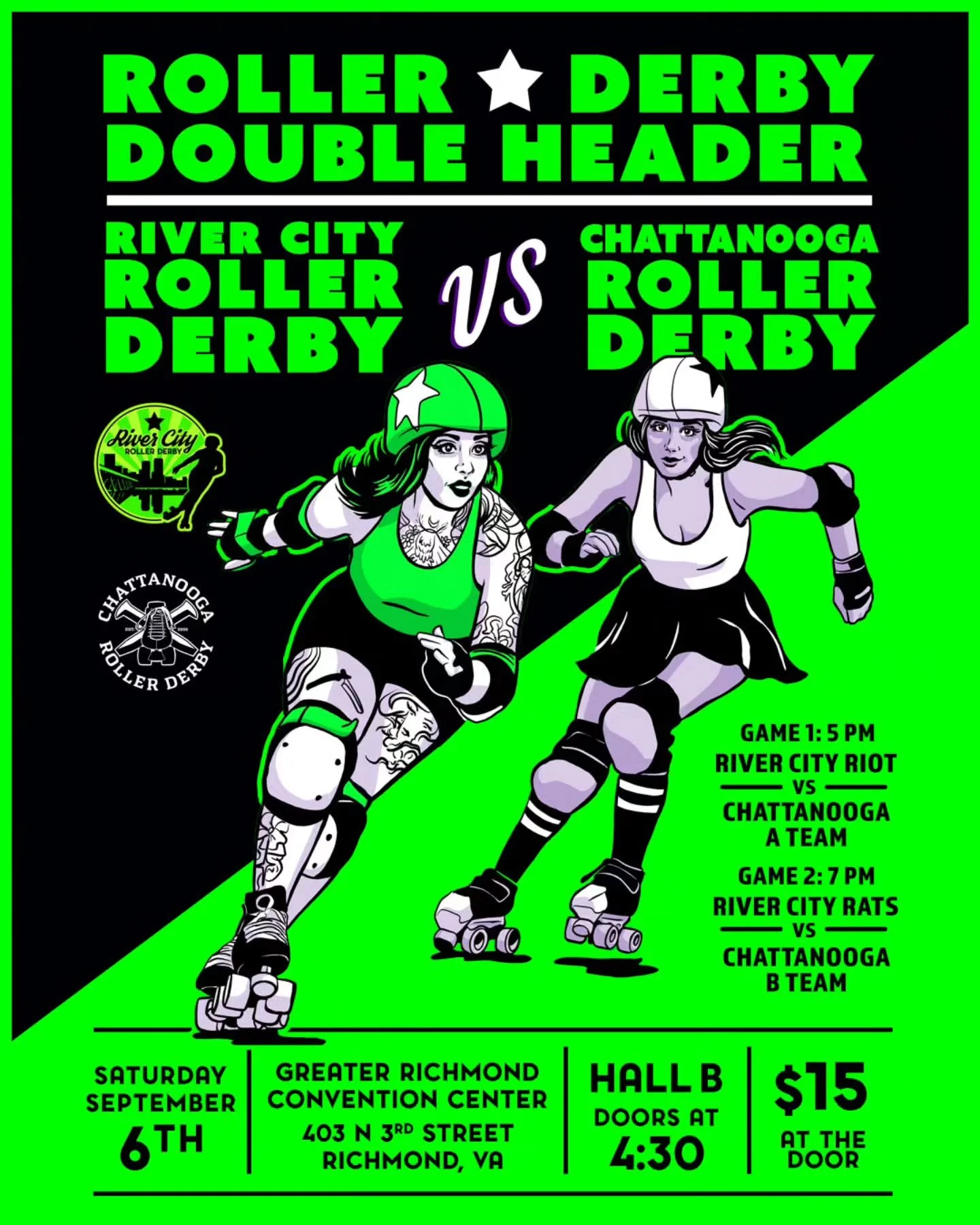 📣 Get ready, RVA - it's time for 🛼 LIVE ROLLER DERBY again! After a short break and some exciting away games, 💚🖤 River City Roller Derby is back in town for a doubleheader on September 6th. RCRD will be taking on @chattanoogarollerderby in our la
