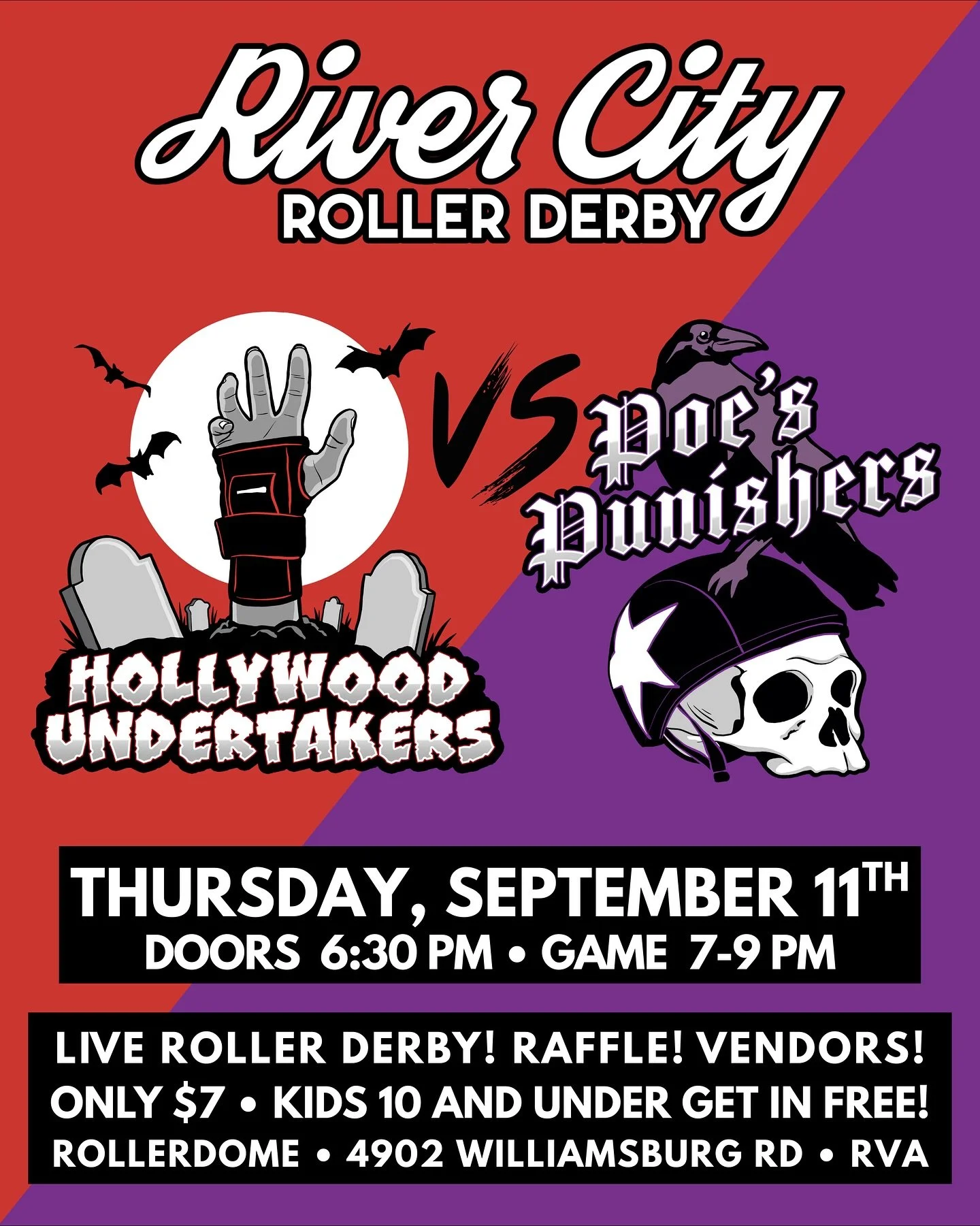 🗣️Did you say you wanted more roller derby?! We got you🫡🤝 
RCRD&rsquo;s 💜Poe&rsquo;s Punishers and Hollywood Undertakers❤️ are ready to BRING IT to the track at Rollerdome next Thursday, 9/11💥

These teams have been putting in the work this seas