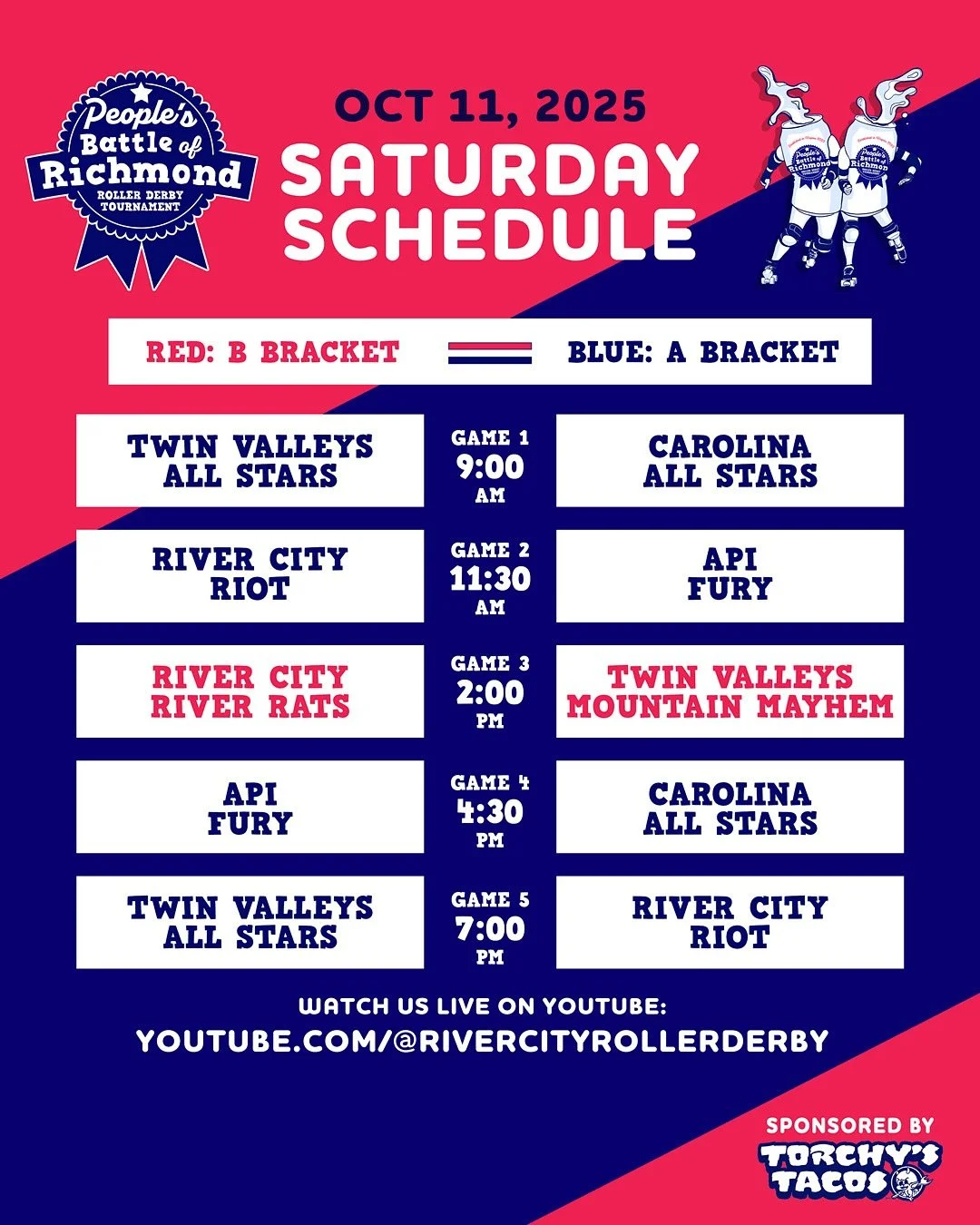 🚨PBR SCHEDULE DROP🚨
Are you ready for two full days of derby?!
The third annual People’s Battle of Richmond, sponsored by @torchystacos starts at 9 AM THIS Saturday, October 11!
🔗 Get presale tickets at the link in our bio while you can!