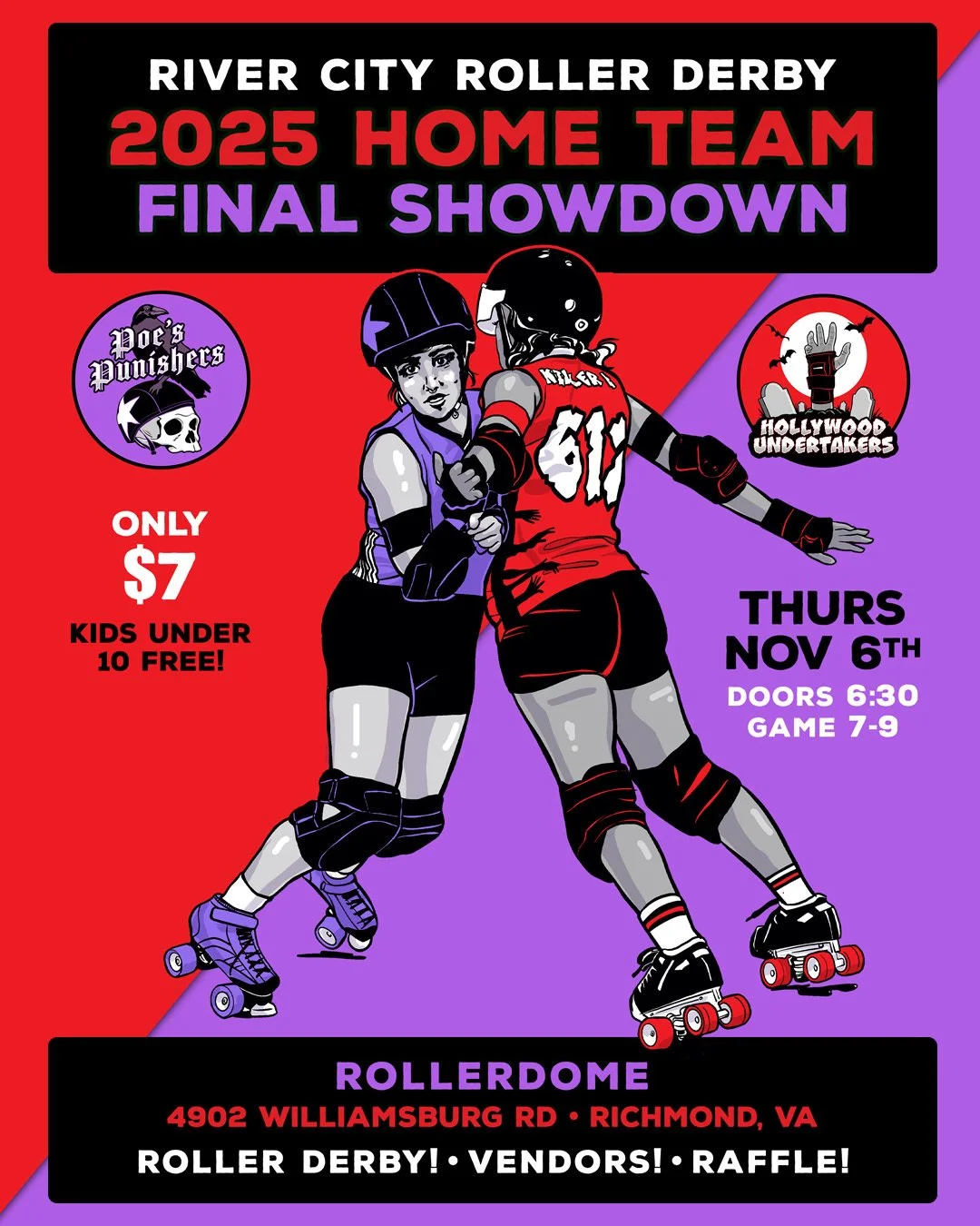 🛼 It's time for the FINAL Home Teams Showdown of the 2025 season! Come cheer on our 🪦Hollywood Undertakers and 🐦‍⬛Poe's Punishers one more time before we take our annual break.
🏆 The Undies are undefeated this season, but every game has been