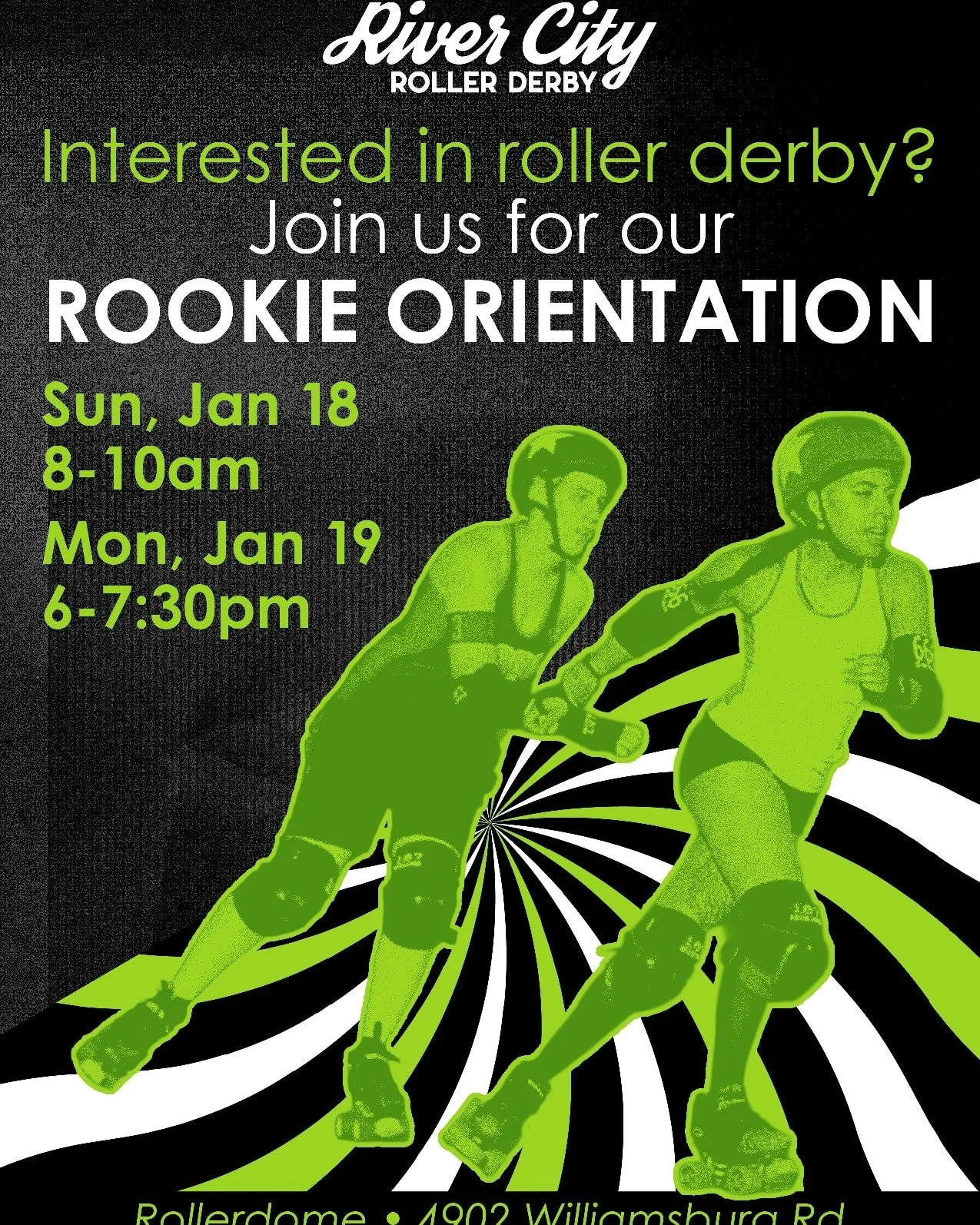 Are you curious about roller derby? 
Do you want to learn to skate? 
Do you want to be part of a rad and inviting community?
Then join up for the River City Roller Derby Rookie Orientation!

Keep your eyes peeled for the sign up forms in the coming w