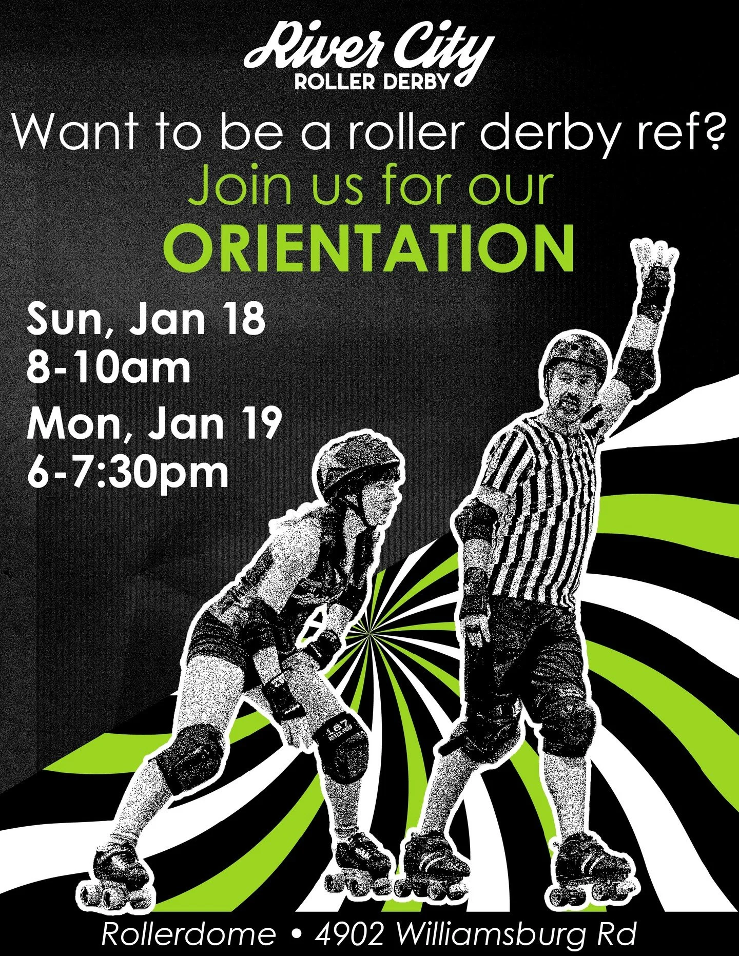 Want to join roller derby but don't want to get hit? Come be a referee or a non-skating official! These positions are essential for making roller derby bouts possible (plus you still get to have a cool derby name.) 😎

Don't know if you'd rather be a
