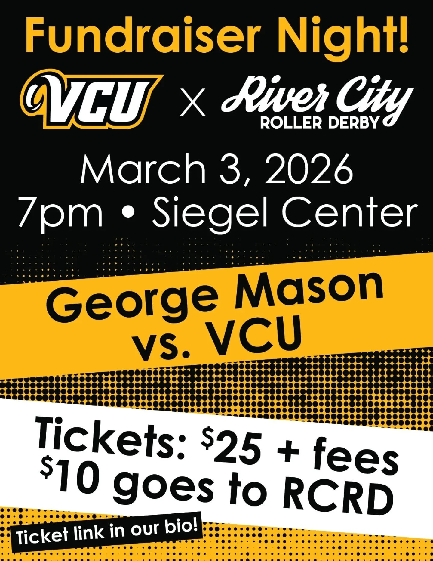 Join us for the VCU vs. George Mason game on March 3! Come cheer on the VCU Rams and support your favorite roller derby team at the same time. 😎 Tickets are $25 (plus fees) and $10 from every tickets goes towards RCRD. 💚🖤💛🖤

Check the link in ou