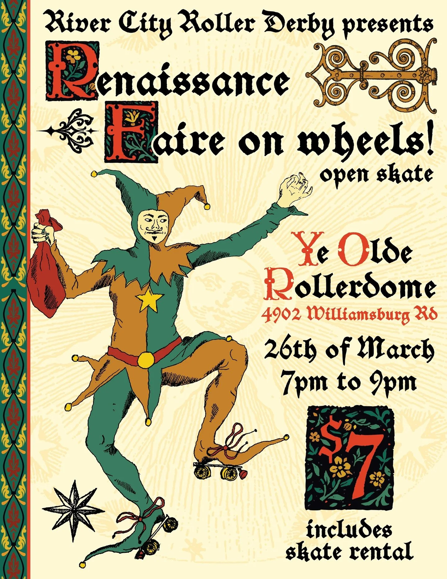 Hear ye, hear ye! 📯 The roller derby team of River City is hosting a renaissance faire themed open skate on the 26th of March! Leave your trusty steed 🐎 at the door and strap on the 4 wheeled contraptions the peasants refer to as "roller skate