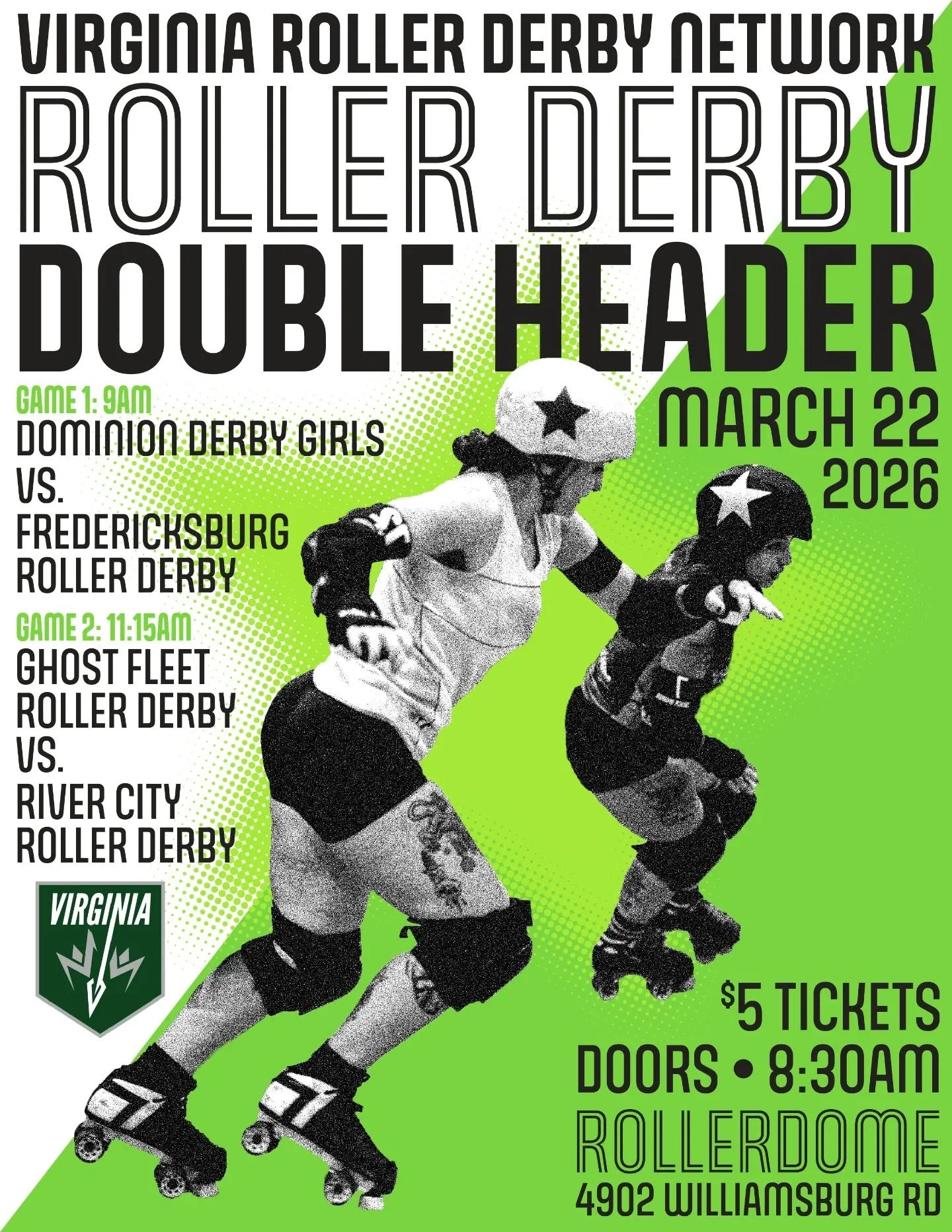 It's time to kick off our first game with the Virginia Roller Derby Network 🛼 Coming up on March 22, we have a live roller derby double header featuring all Virginia teams! 👀

In game one, Dominion Derby Girls of Virginia Beach are taking on Freder