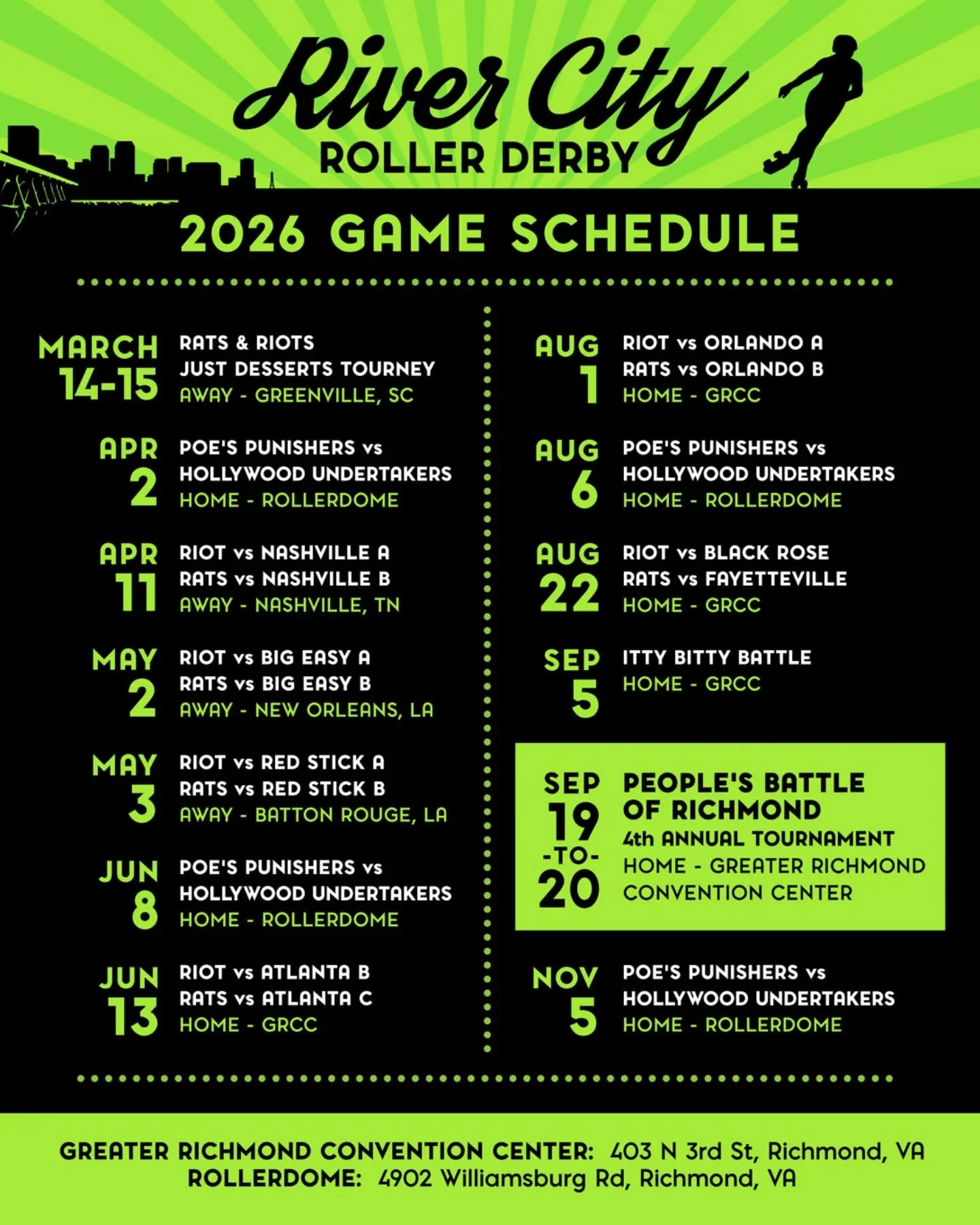 Clear your calendars and tell your friends...the River City Roller Derby 2026 schedule is here!! 👀🤩

Keep an eye out for individual game day posts for more info on each game! 💚🖤❤️💜 

Can't make a certain date? Livestream links will be posted eve