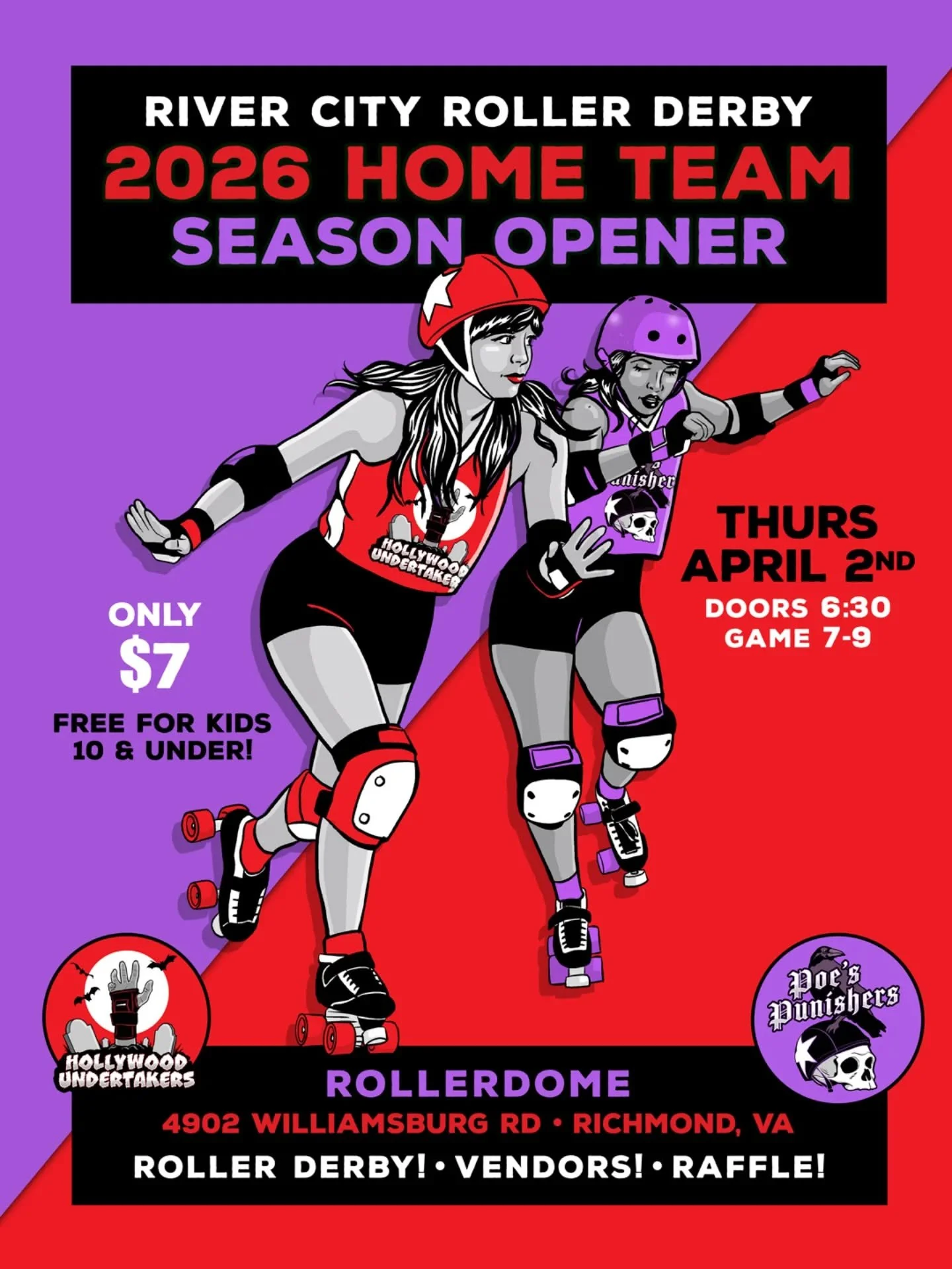 Our home team season opener is NEXT THURSDAY!! 💜❤️ Get ready for the Poe's Punishers to take on the Hollywood Undertakers! 

Will the Undertakers have another undefeated season? Or will the Poe's have an epic comeback?? 🐦&zwj;⬛🧟&zwj;♀️

RCRD merch