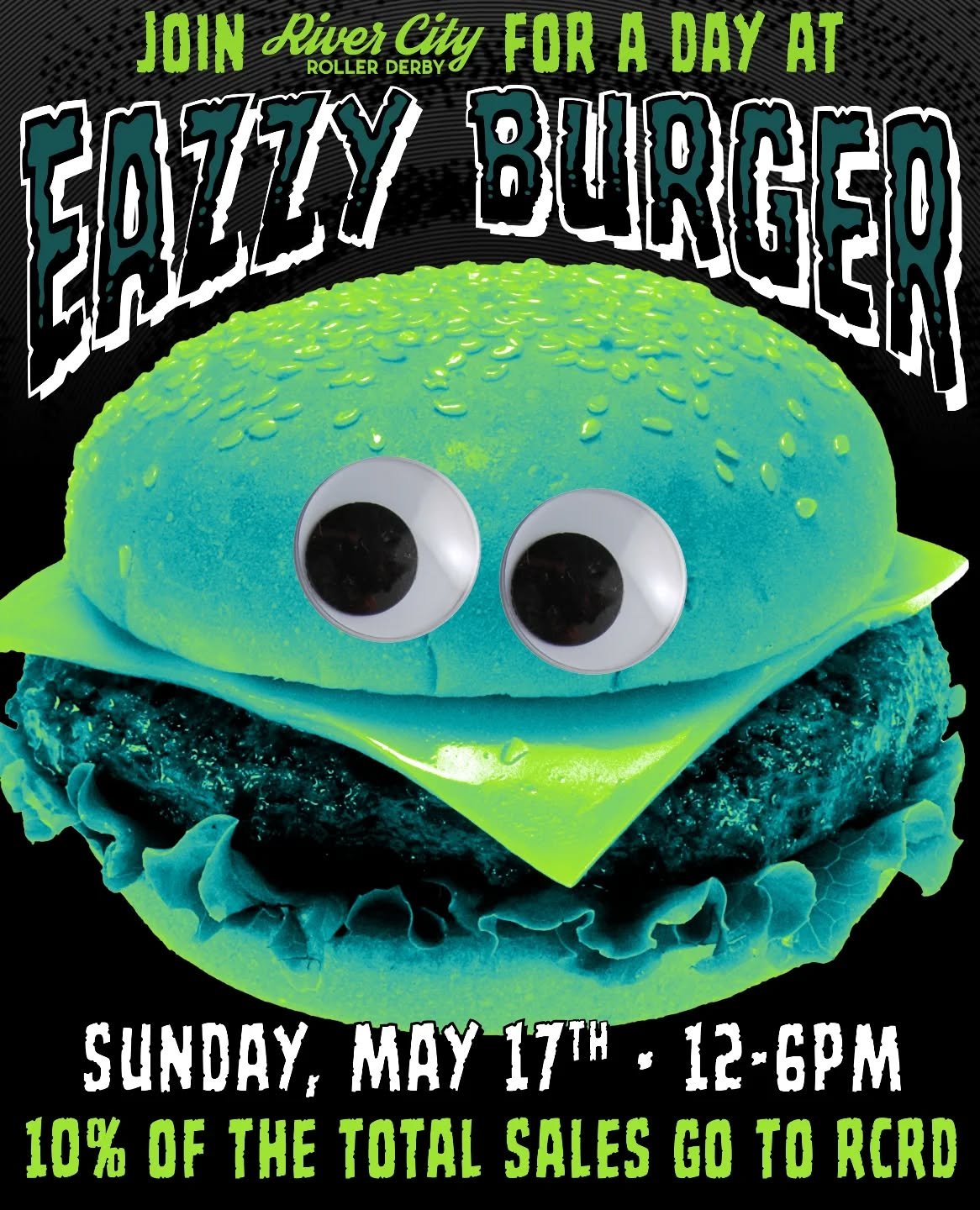 IT'S TIME TO CARBO LOAD AT EAZZY BURGER 😱😈 

Join us for a day of fundraising this Sunday, May 17th from 12-6pm at Eazzy Burger! 🍔 10% of their total sales will go to RCRD! ✳️💚💸

We're super thankful to them for this opportunity, so go show your