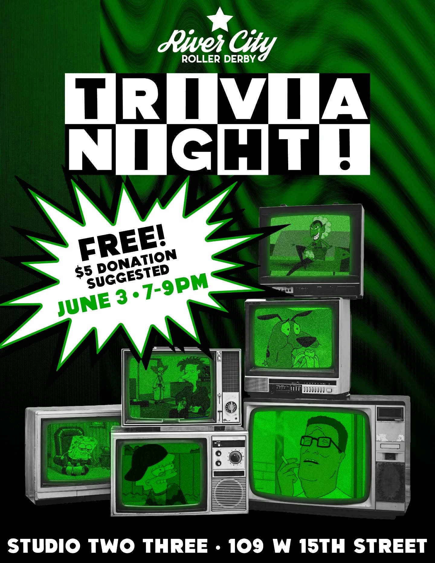 "Do I look like I know what a jpeg is? I just want a picture of a got dang hot dog!" 🌭

Think you know where that quote is from? Then don't miss our cartoon themed trivia night on Wednesday, June 3, held at Studio Two Three, from 7-9pm! 📺