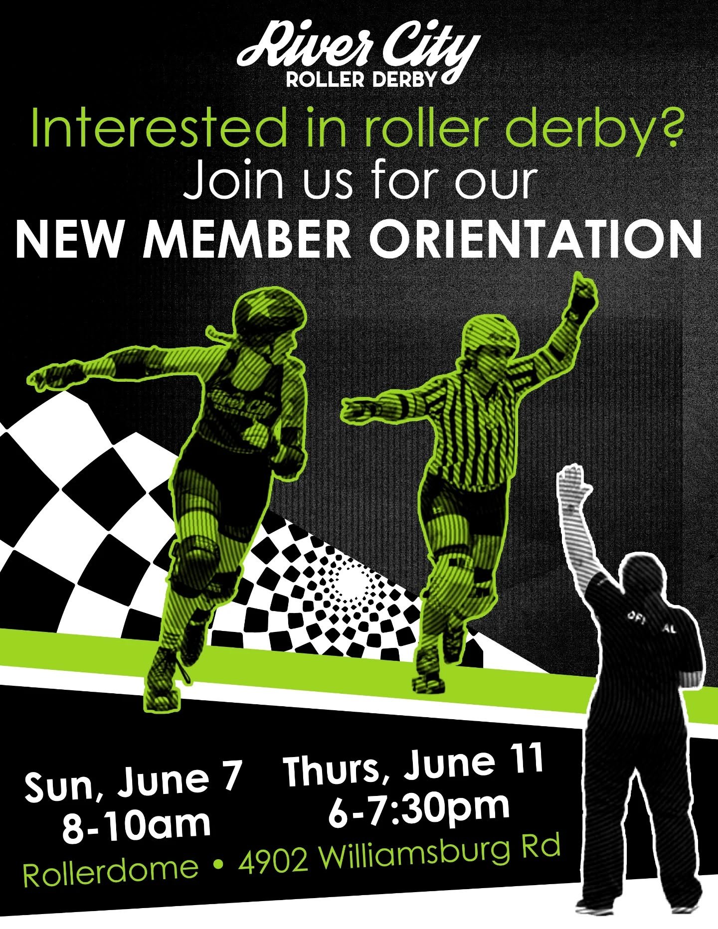 Orientation is back...we're officially ready for new members!! 🤯🤠 This upcoming orientation is for potential skaters, referees, and non-skating officials. 👀 Come join the league in a way that works for you! 

Fill out the "Rookie Registration
