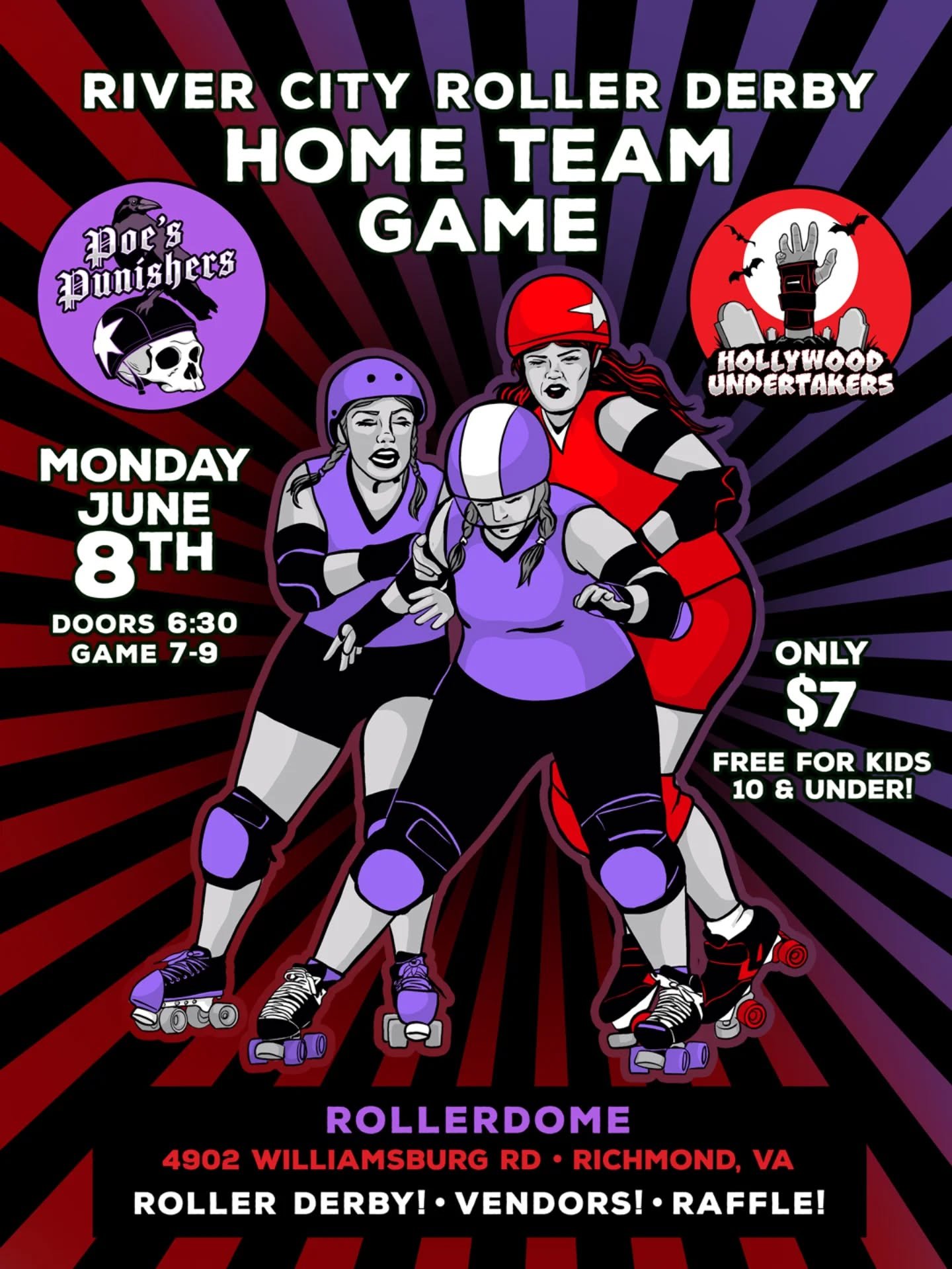 Did you miss our last home team game? 😵 Fear not, the Poe's and Undies are back again and they're ready to bring the action!! 💥 Catch these mortal enemies go head to head on Monday, June 8 at the Rollerdome! 👹😈

Tickets are $7 and kids 10 and und
