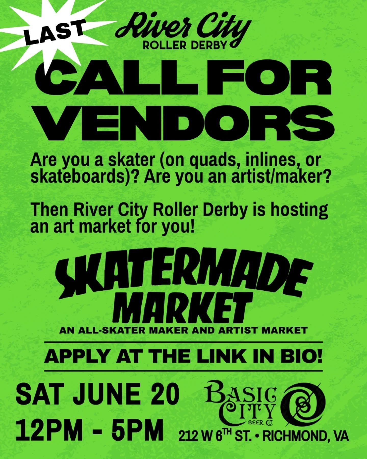 This is your LAST CALL to apply to be a vendor for our Skatermade Market on Saturday, June 20!! We've already got some amazing skater vendors lined up, but we have room for more...it could be YOU! 🛼🛹🎨

The vendor application link is in our bio! Ap