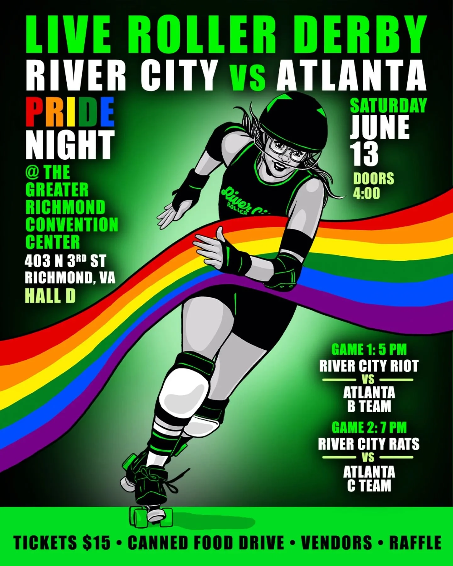 Our pride night double header is back! Wear your best rainbow outfit and come cheer on your favorite roller derby team! ❤️🧡💛💚💙💜🩷🩵🤍

The action begins when River City Riot takes on the Atlanta B Team in the first exciting matchup of the evenin