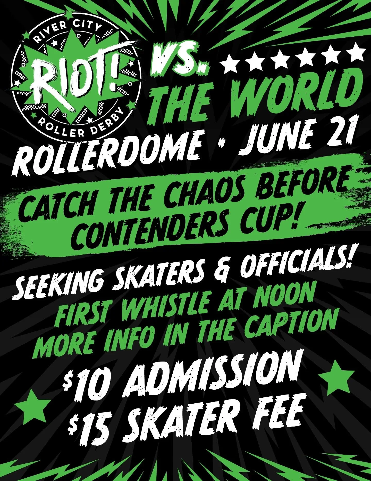 🔥 RIOT! vs THE WORLD 🔥

The Riots are opening the track and inviting YOU to help us gear up in a high-energy scrimmage at Rollerdome! We're looking for skaters and officials to help us prep for the Contenders Cup, a WFTDA D2 Style Tournament! 🏆

O