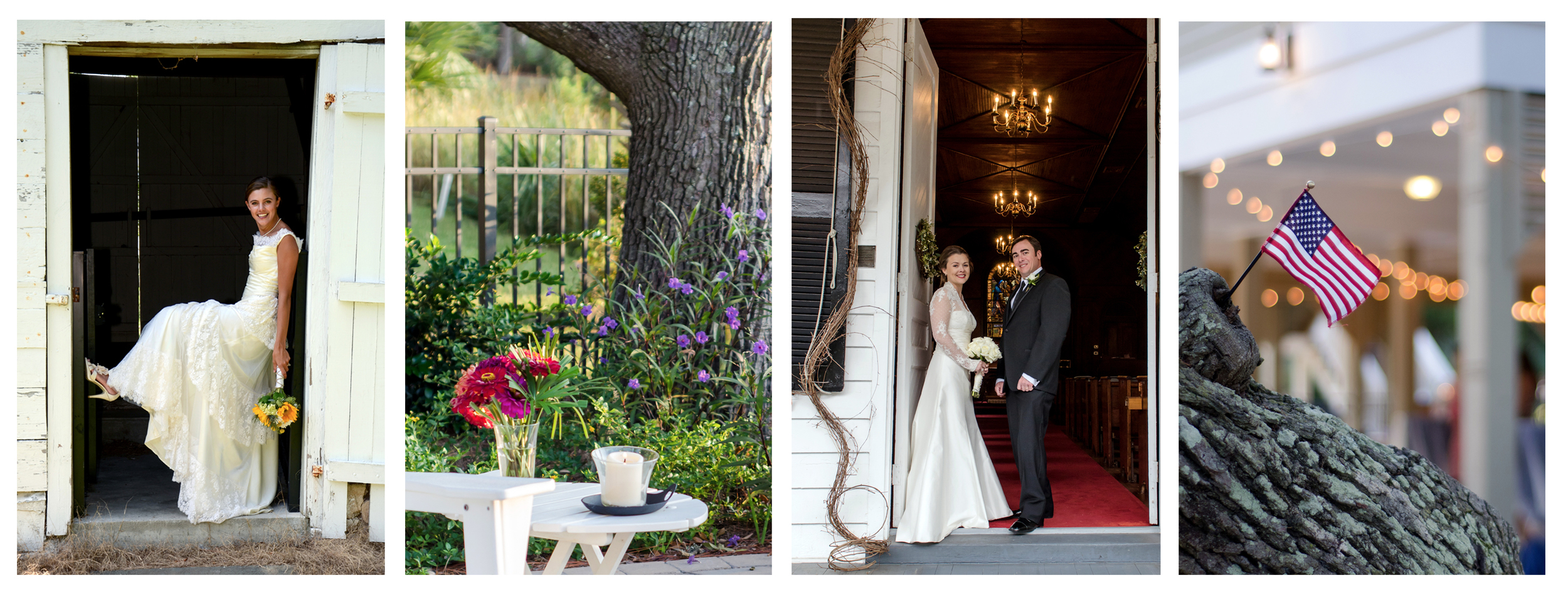 Bride leaning against door, flowers, bride and groom, American Flag.