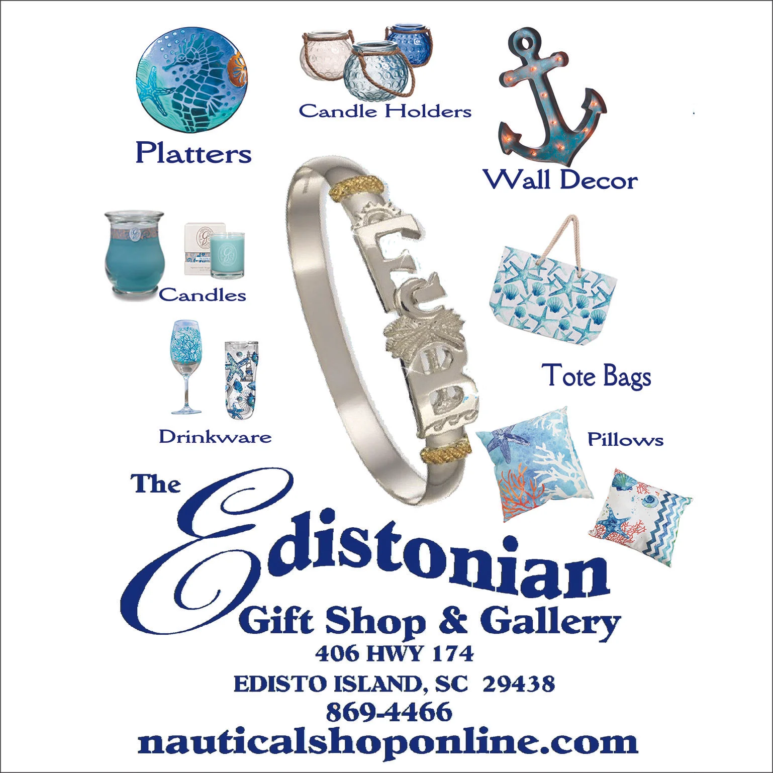 The Edistonian Gift Shop. Bracelets, bags, drinkware, candles.