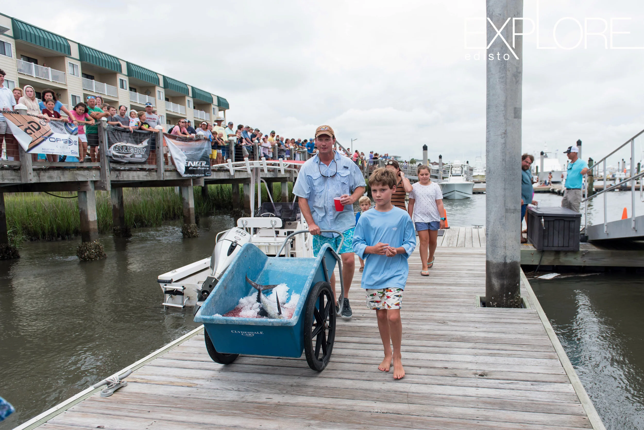 Man and boy in blue shirts wheel cart with fish down the dock at weigh-in.
