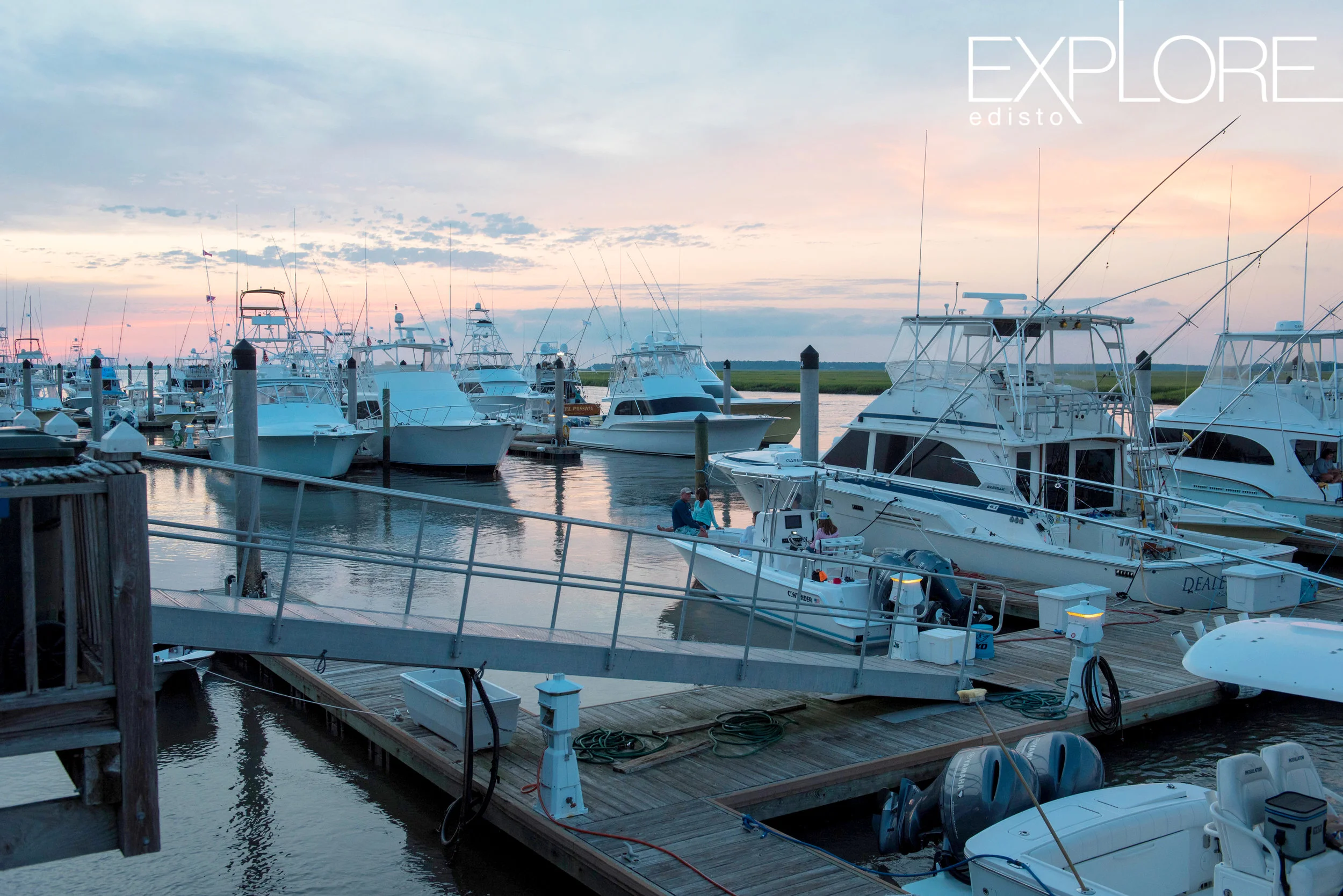 Pastel sky over boats docked at the Marina at Edisto Beach.