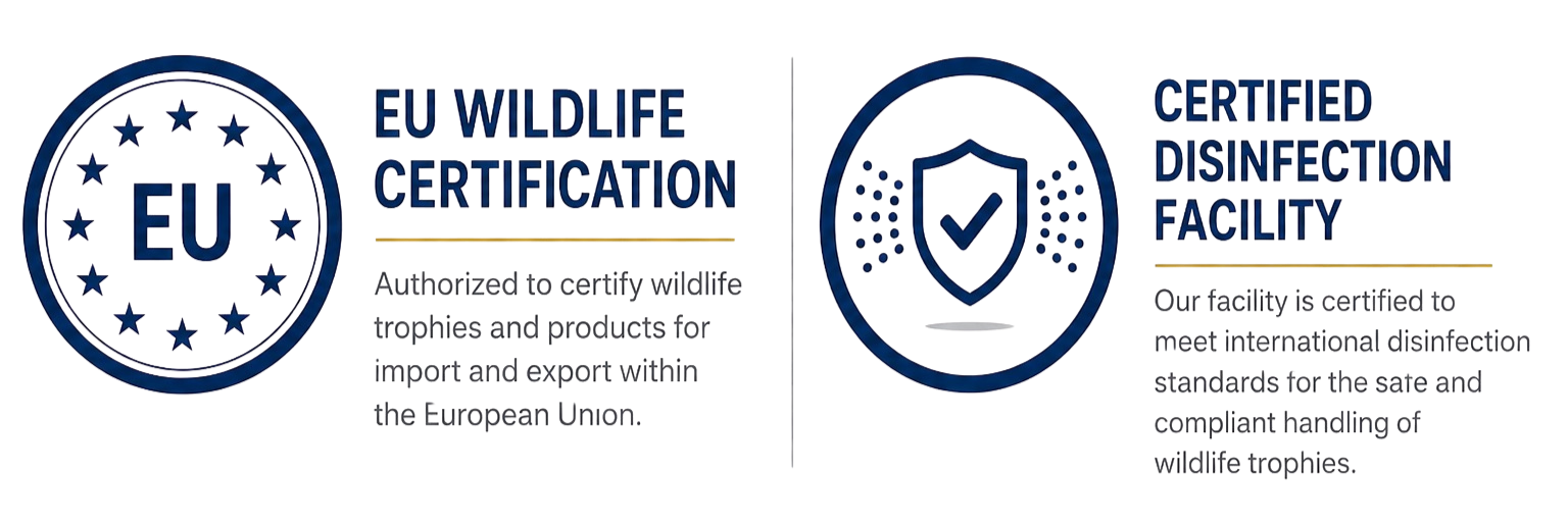 EU Wildlife Certification logo with text indicating authorized to certify wildlife, and a badge symbol with checkmark, alongside text about a certified disinfection facility meeting international standards for safety and compliance.