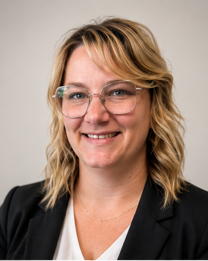 Portrait of a woman with blonde wavy hair, glasses, and a black blazer smiling at the camera against a neutral background.