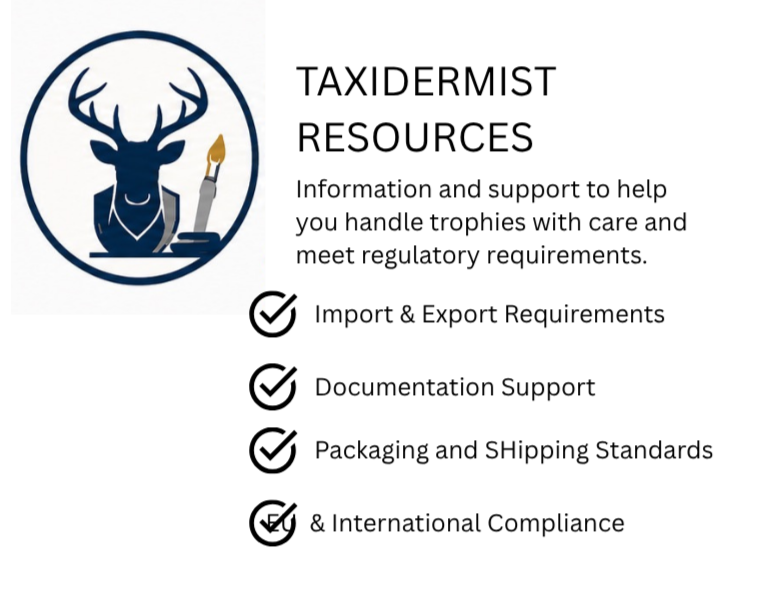 Logo for a taxidermy business featuring a stag head with antlers, a paintbrush, and text indicating 'The Ultimate Taxidermy Experience' and 'Your Wildlife Memory Preservers'