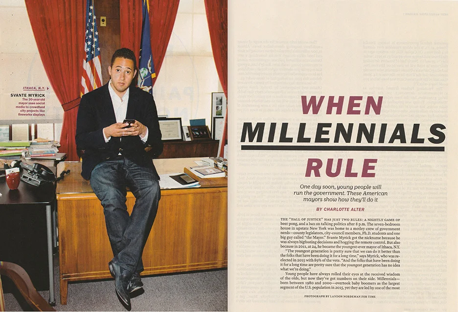 October 23 - TIME: Landon photographs Svante Myrick, the 30-year-old Mayor of Ithica, for Time