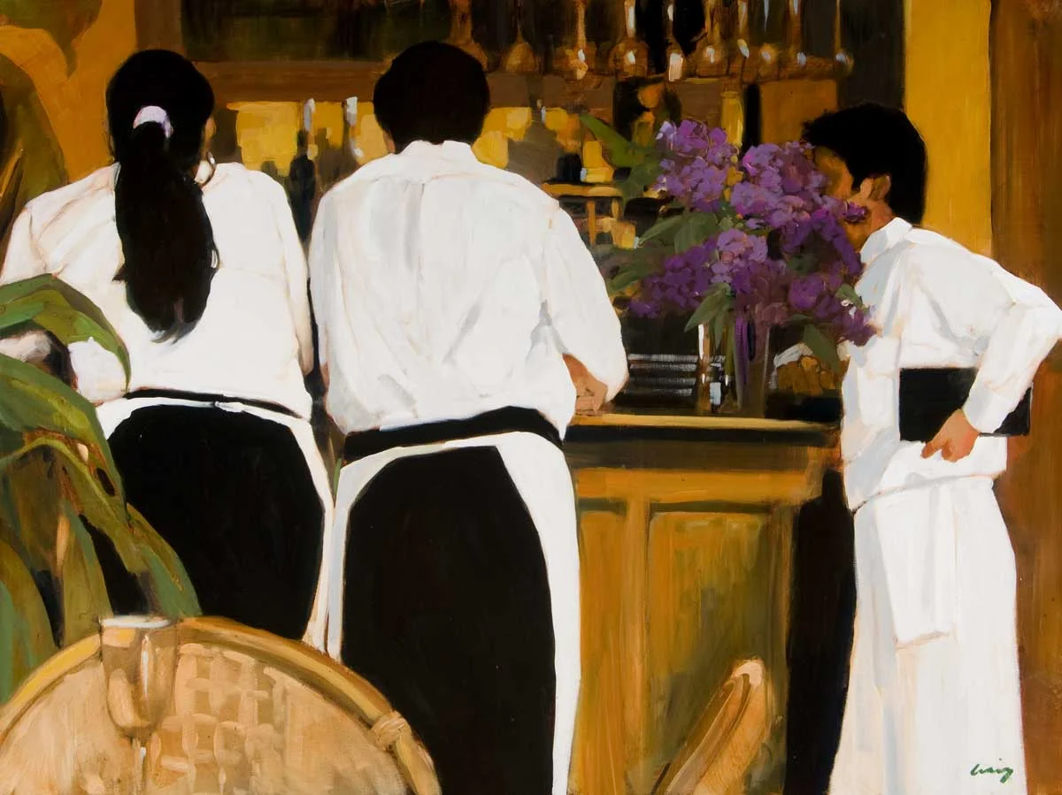 Waiter_and_purple_flowers_48x36.jpg