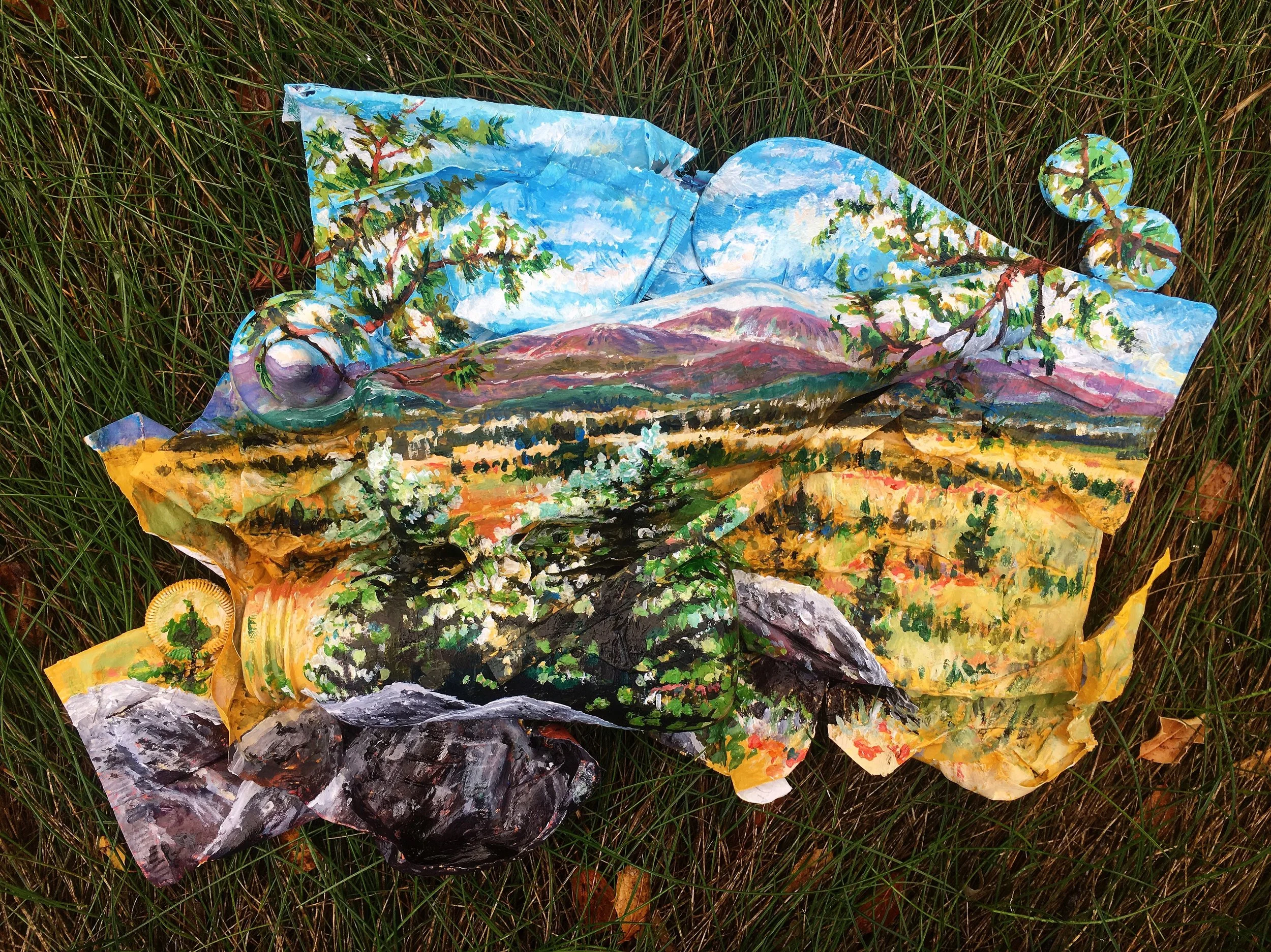 Acrylic on Trash found at the Rocky Mountain National Park (Beer bottle, bottle caps, baby bottle, shoe sole, plastic wrappers)